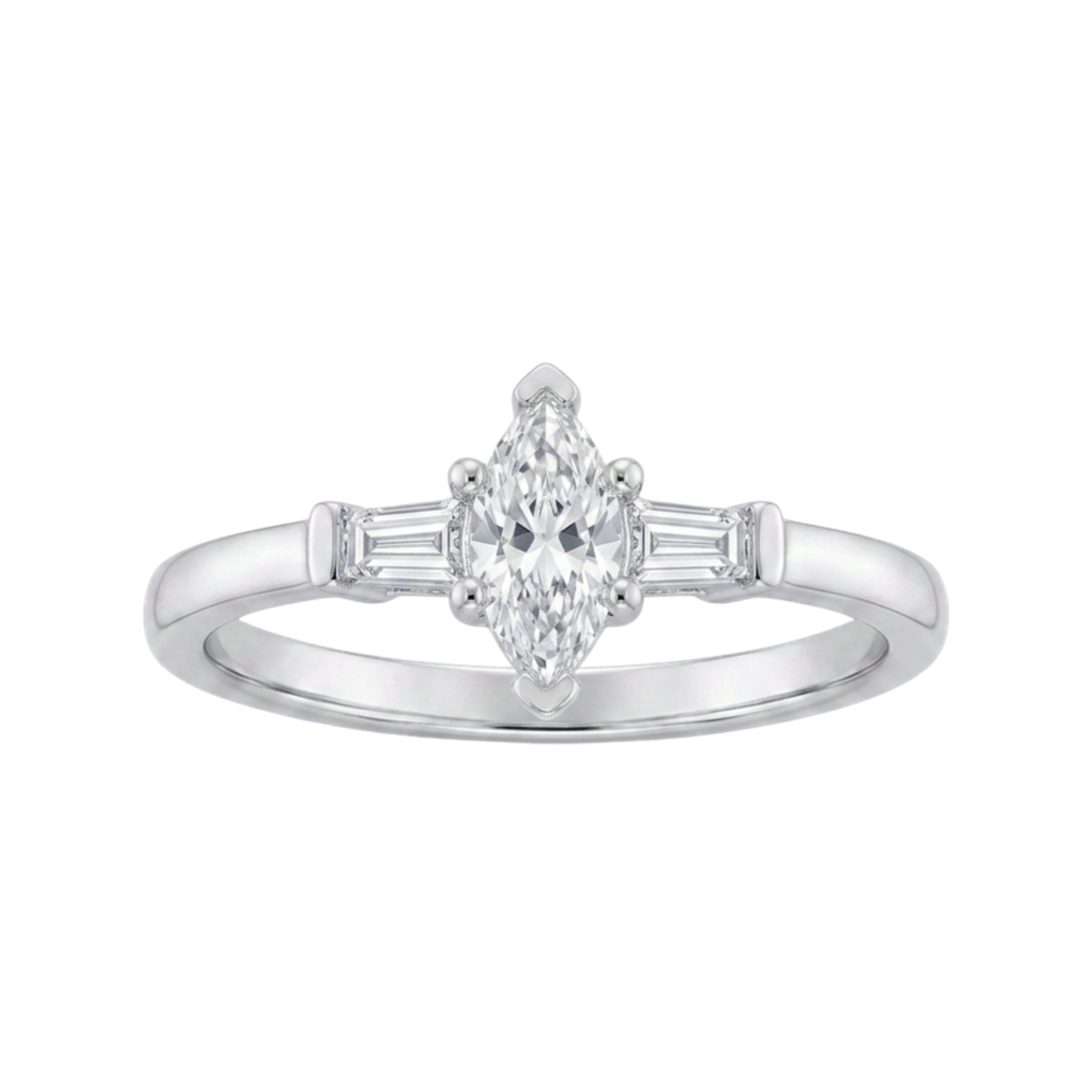Ingrid Platinum Marquise Diamond Engagement Ring with Baguette Diamonds side stones (Size M)