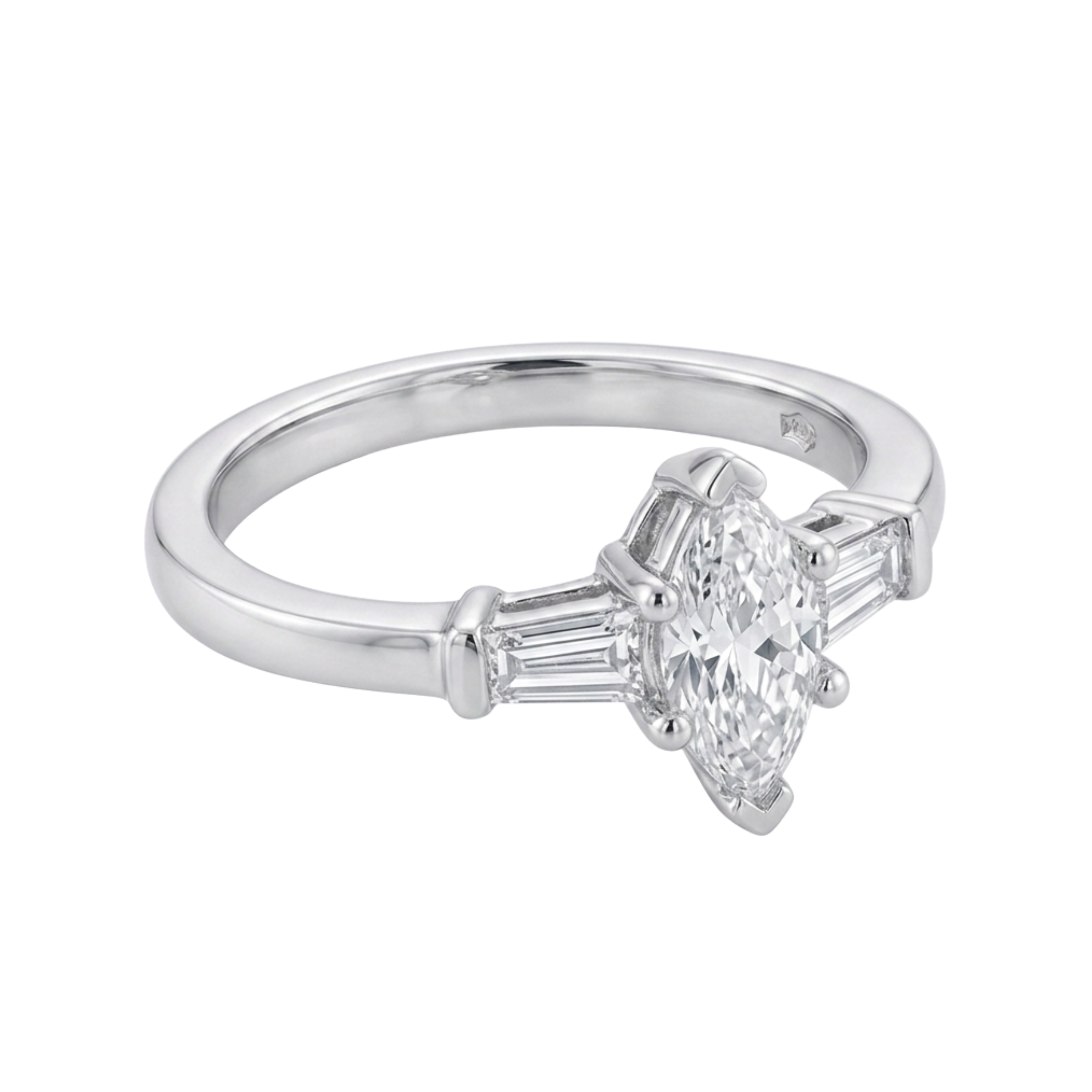 Ingrid Platinum Marquise Diamond Engagement Ring with Baguette Diamonds side stones (Size M)