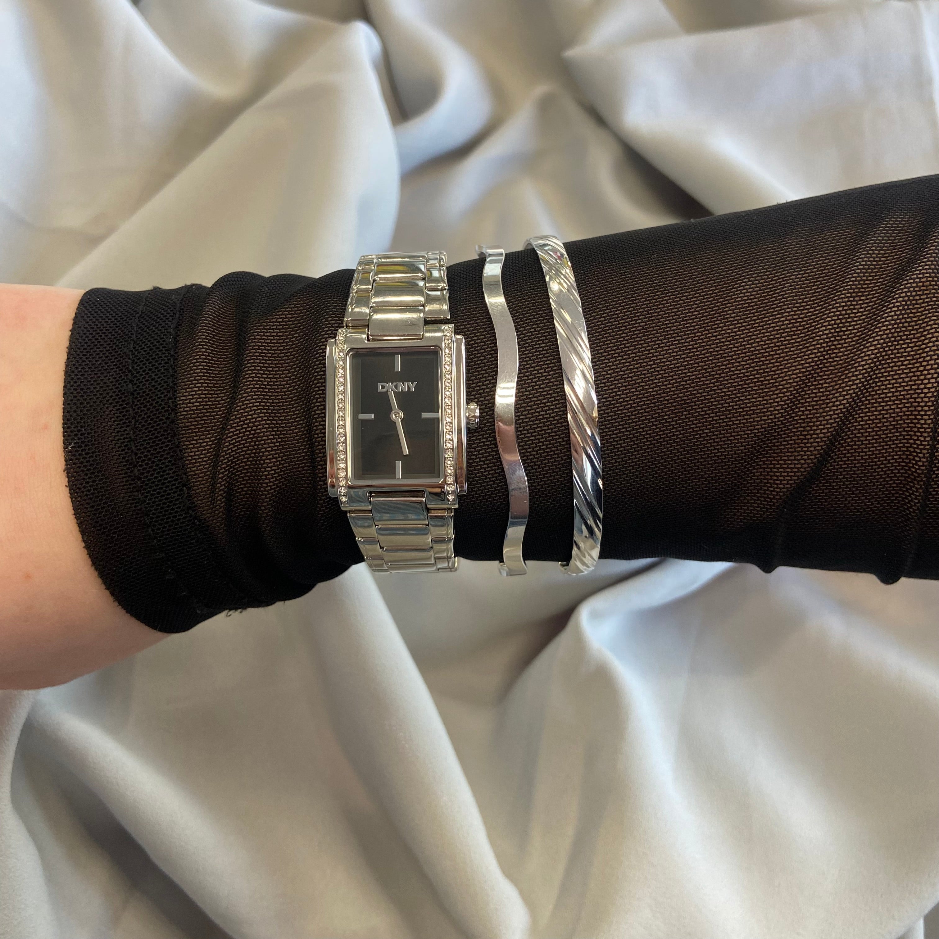 DKNY Stone Set Black Dial Silver Ladies Watch