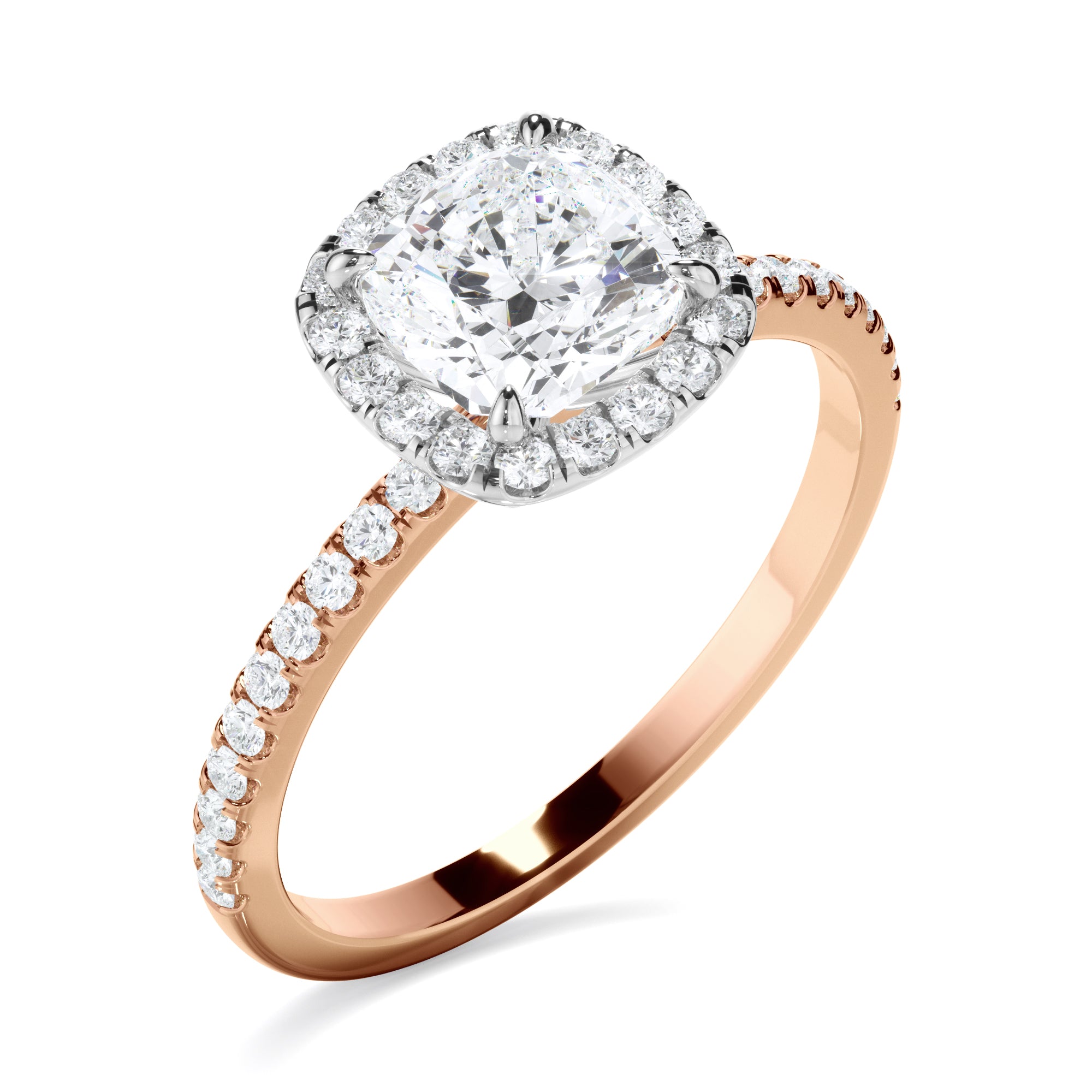 Katerina - Cushion Cut Diamond Halo Engagement Ring With Pave Band