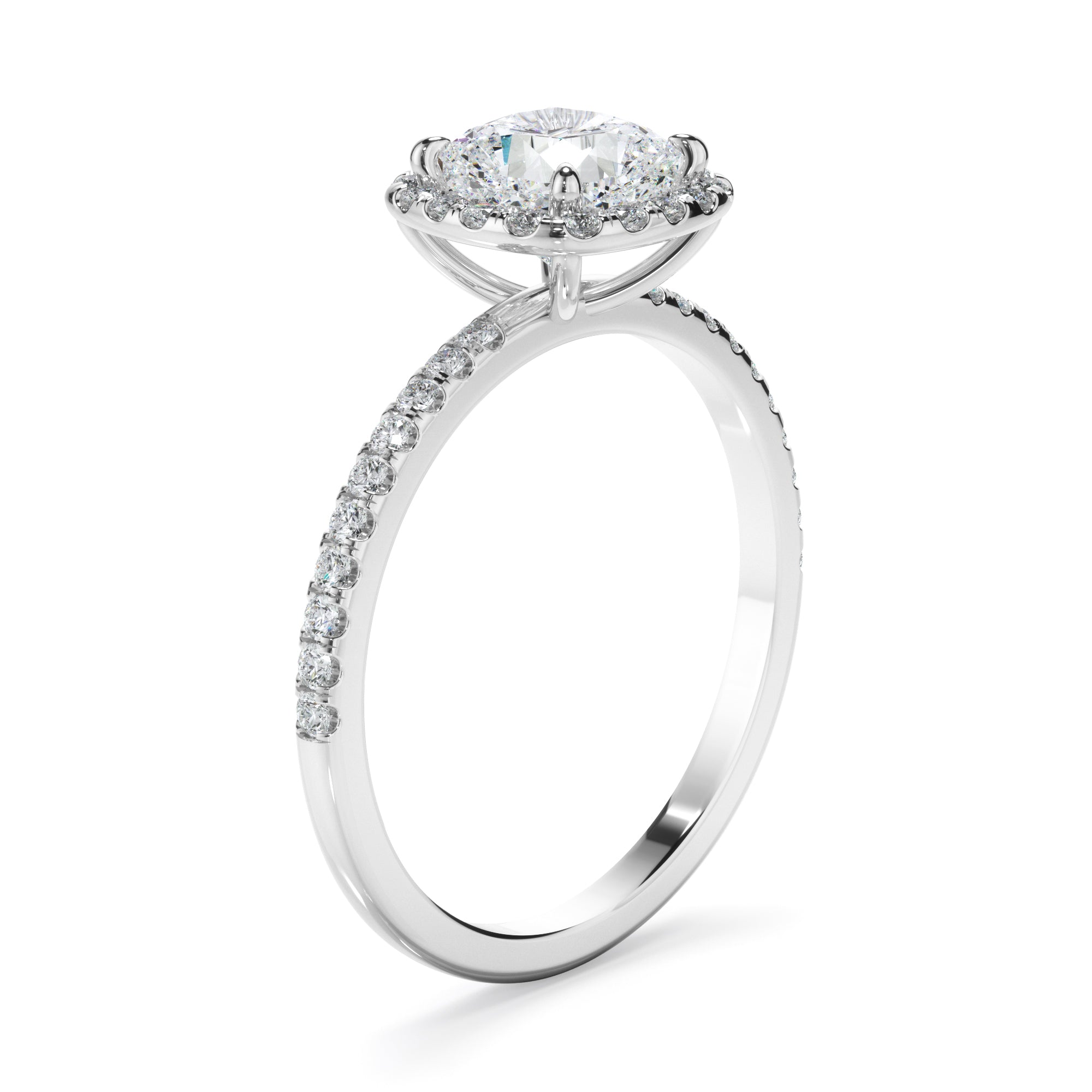 Katerina - Cushion Cut Diamond Halo Engagement Ring With Pave Band