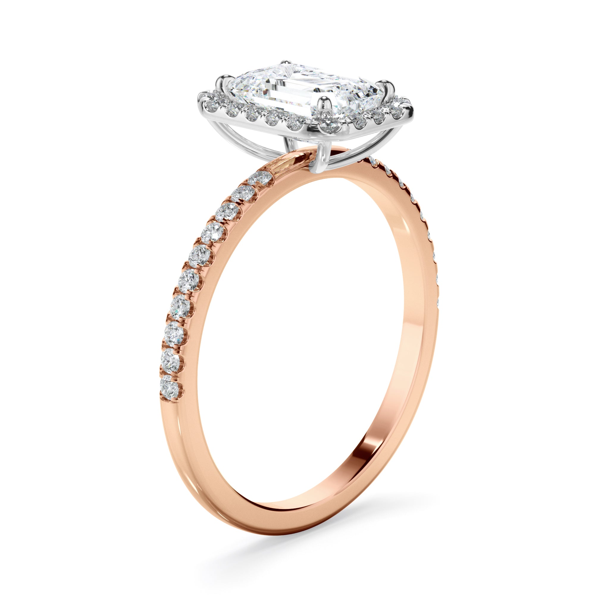 Azura - Emerald Cut Diamond Halo Engagement Ring With Pave Band