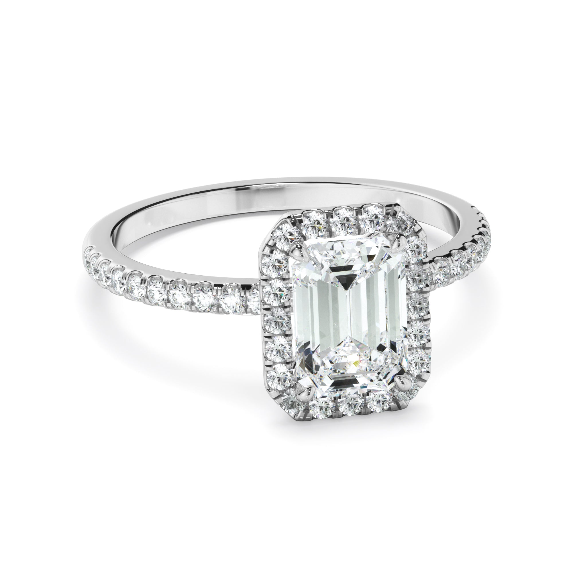 Azura - Emerald Cut Diamond Halo Engagement Ring With Pave Band
