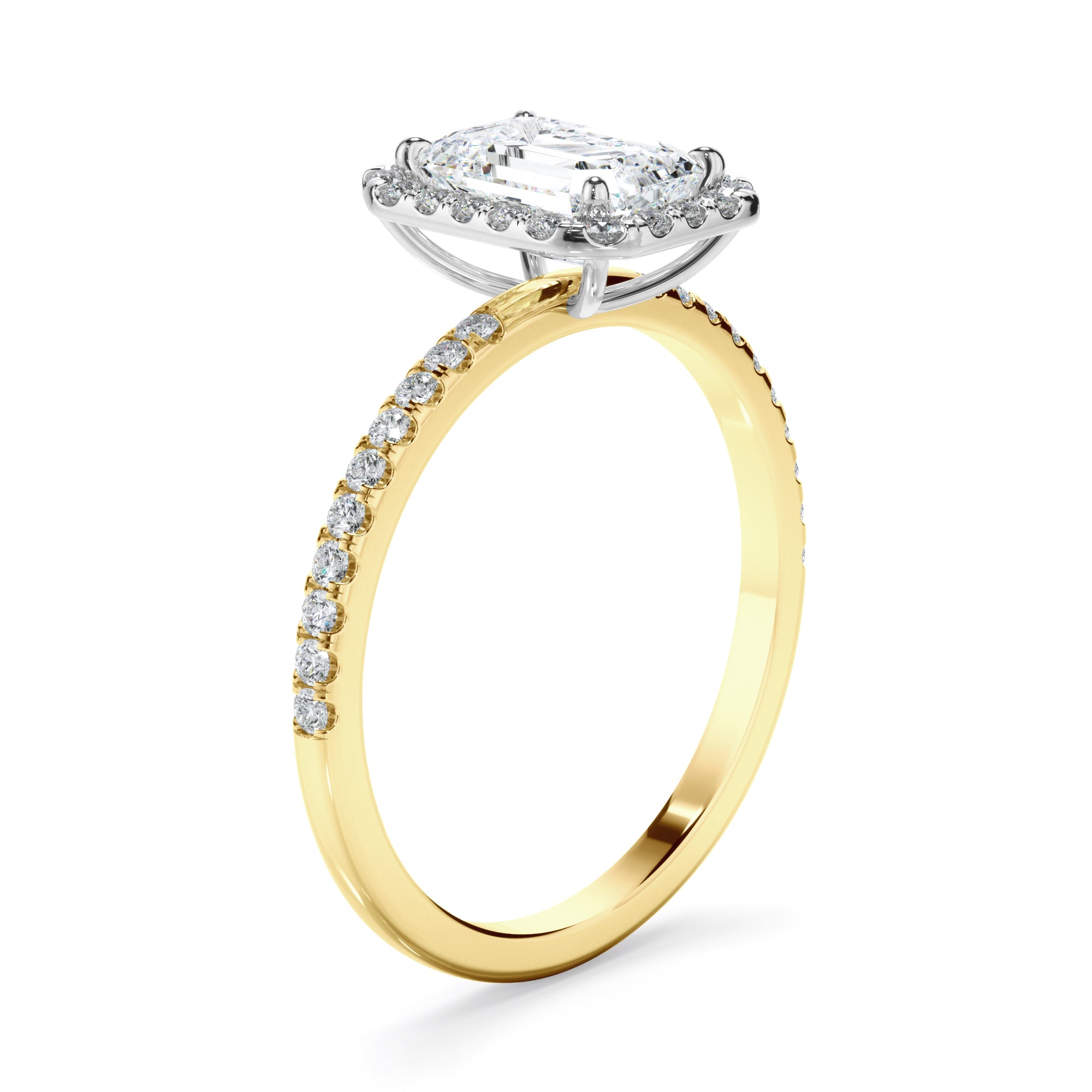 Azura - Emerald Cut Diamond Halo Engagement Ring With Pave Band