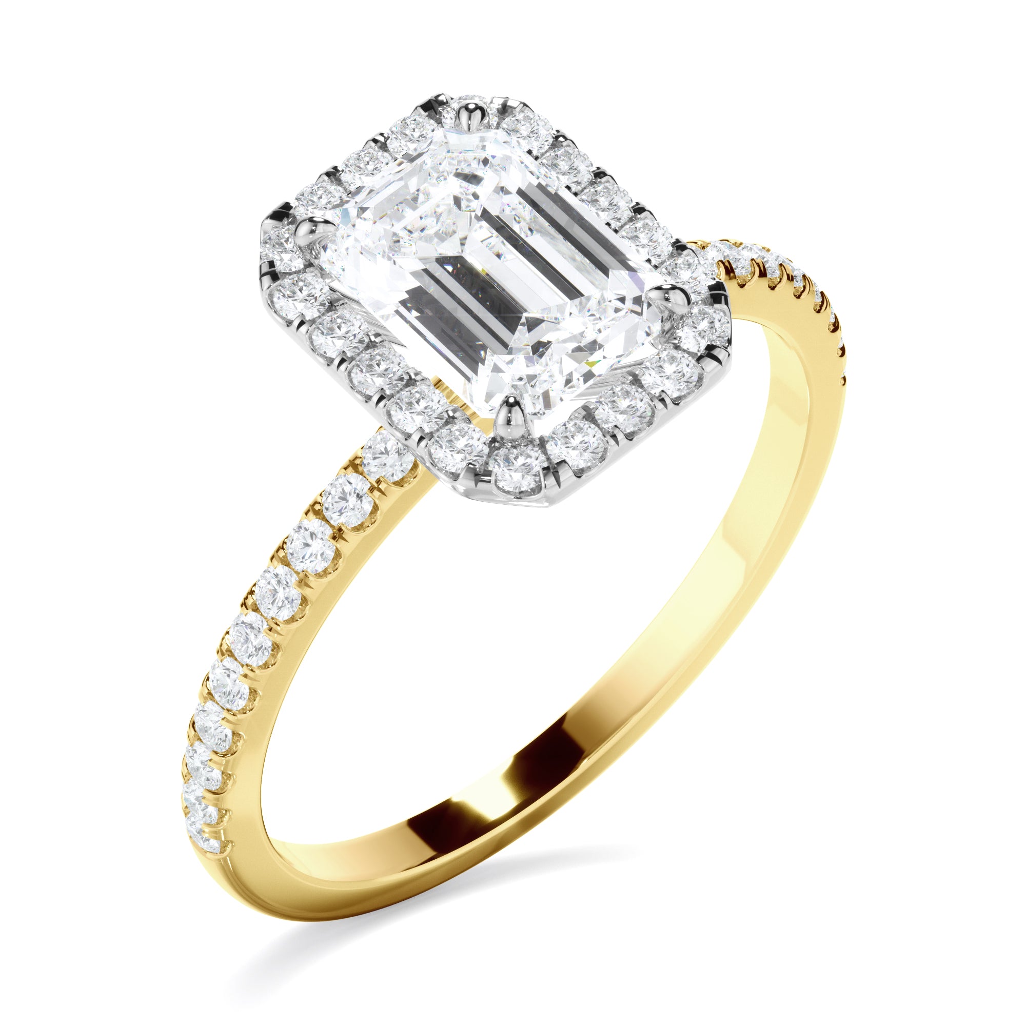 Azura - Emerald Cut Diamond Halo Engagement Ring With Pave Band