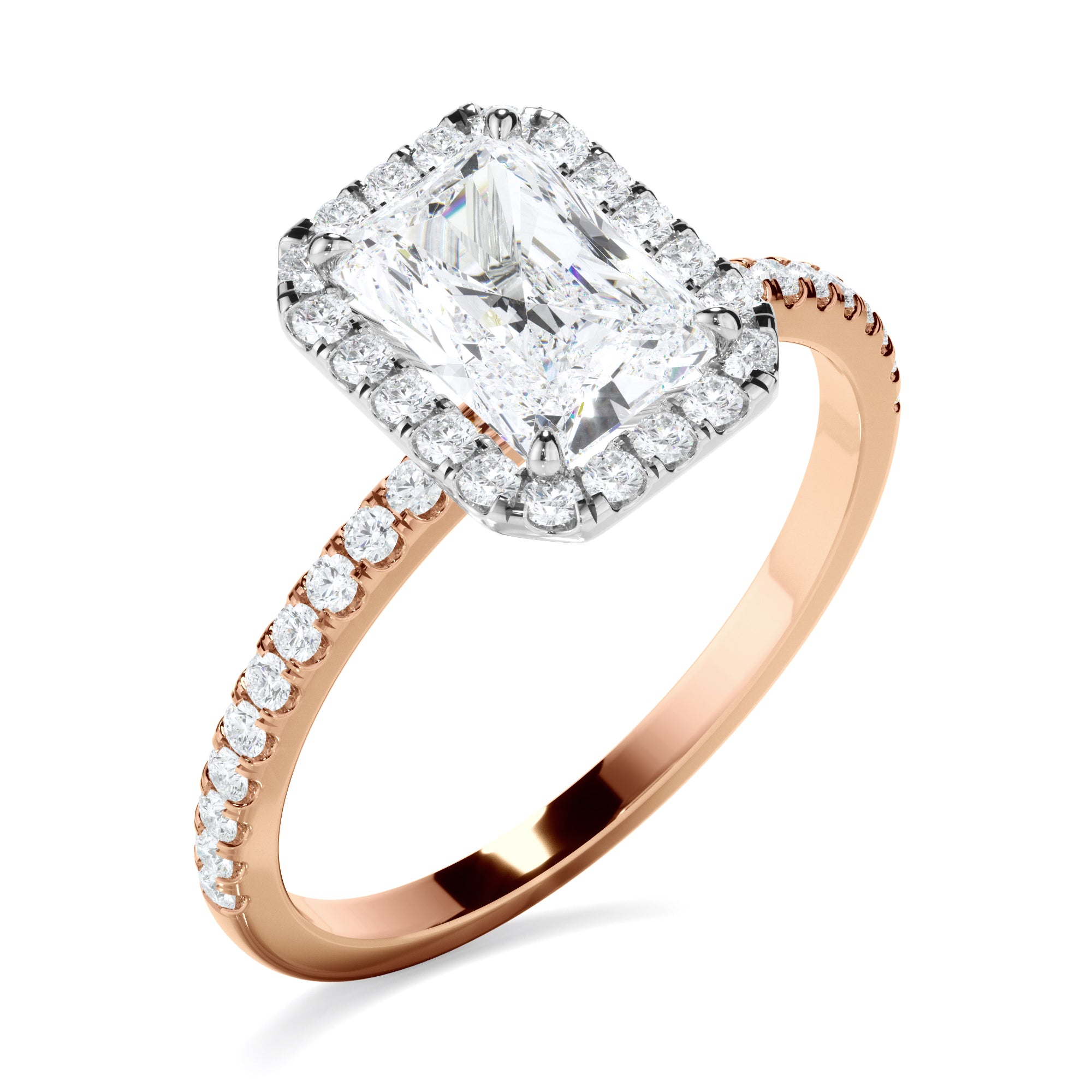 Victoria - Radiant Cut Diamond Halo Engagement Ring With Pave Band