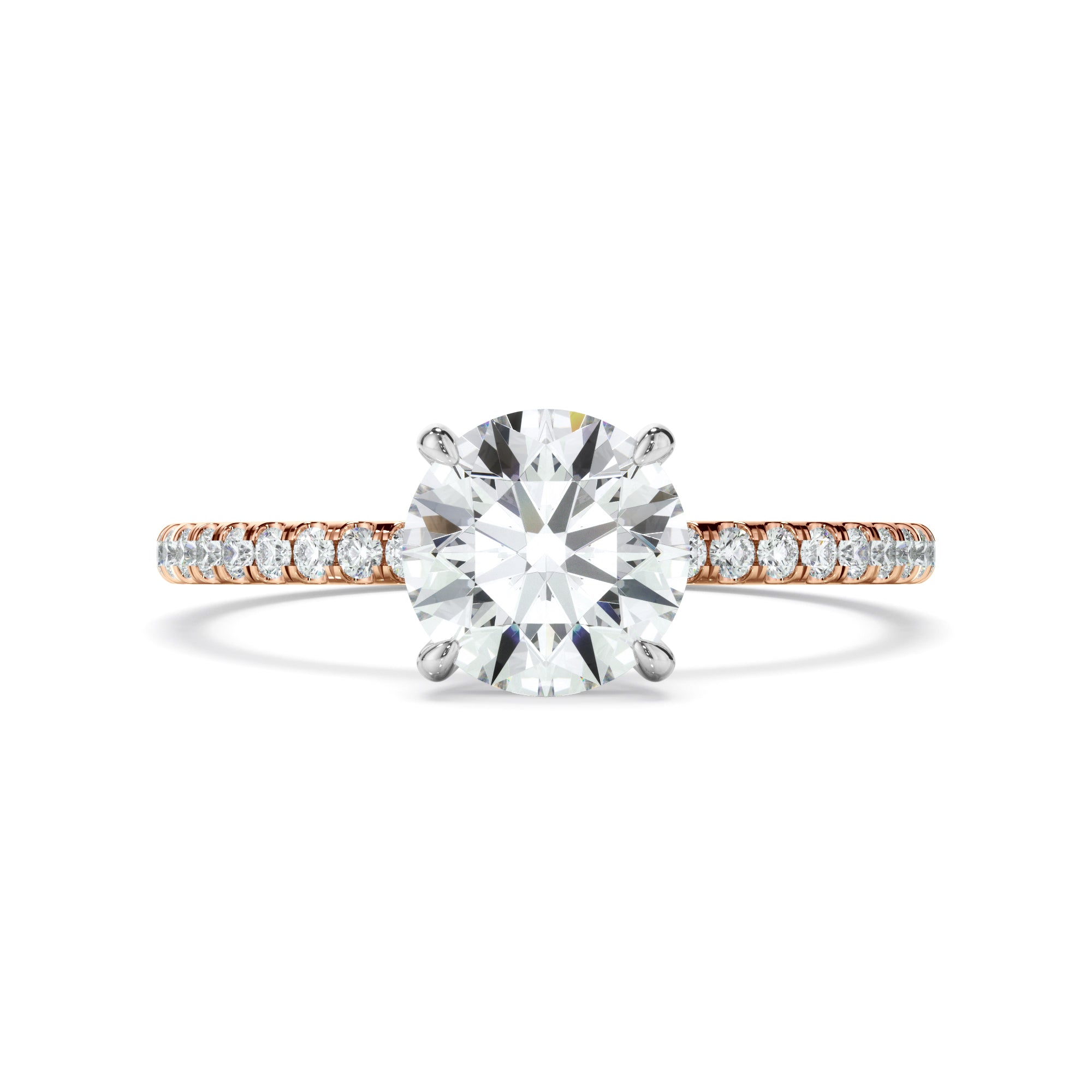 Evangeline - Round Brilliant Cut Diamond Solitaire Engagement Ring With Pave Band