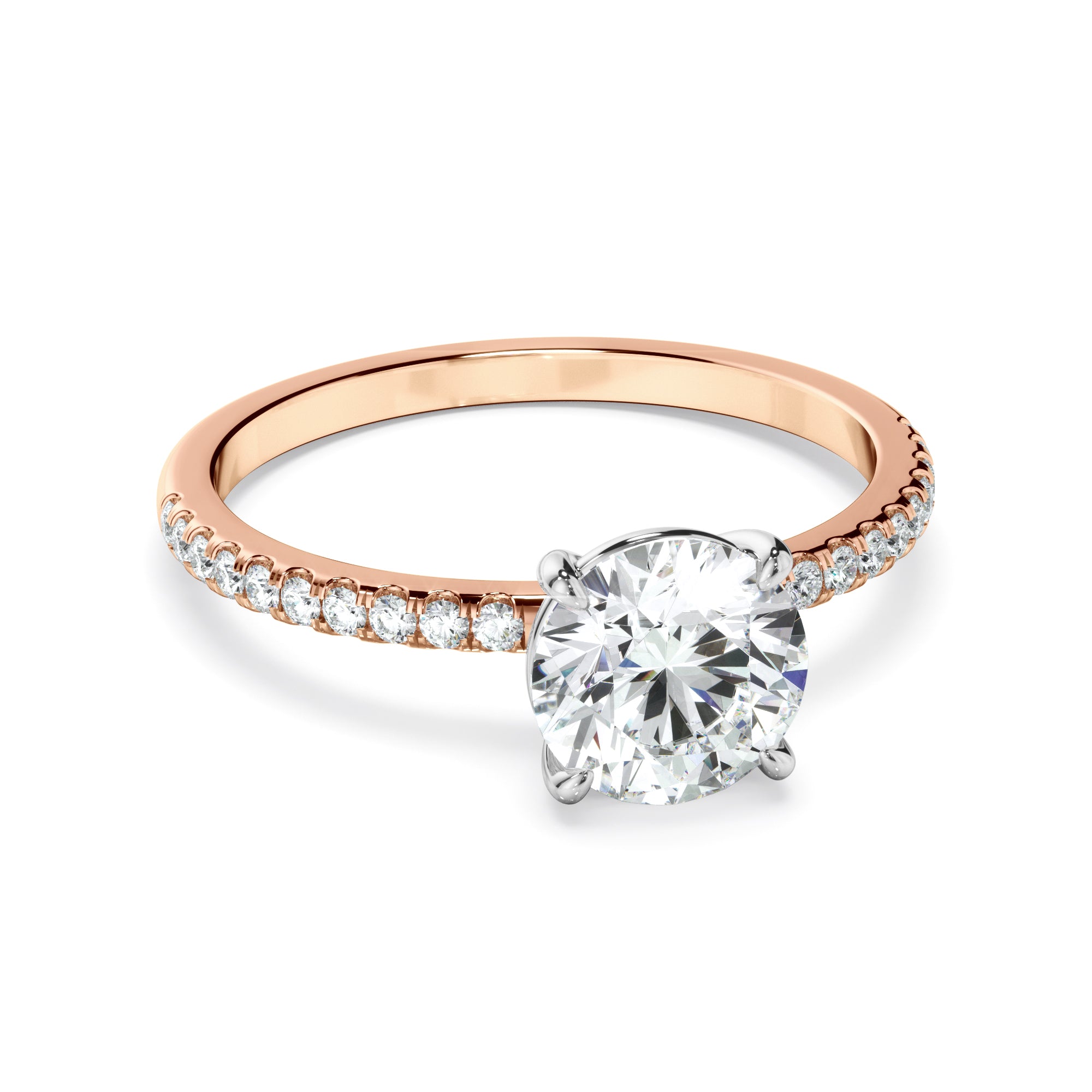 Evangeline - Round Brilliant Cut Diamond Solitaire Engagement Ring With Pave Band