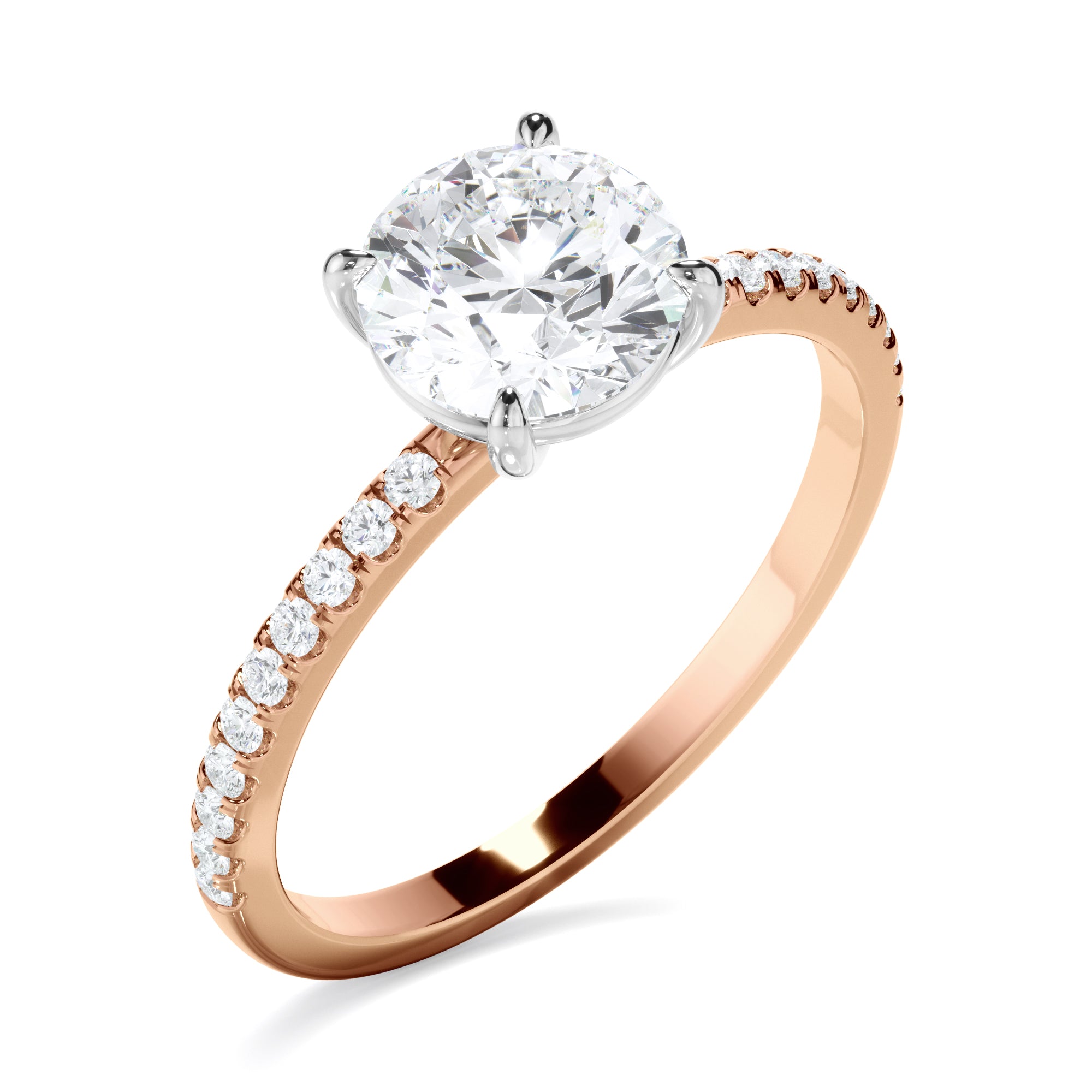 Evangeline - Round Brilliant Cut Diamond Solitaire Engagement Ring With Pave Band