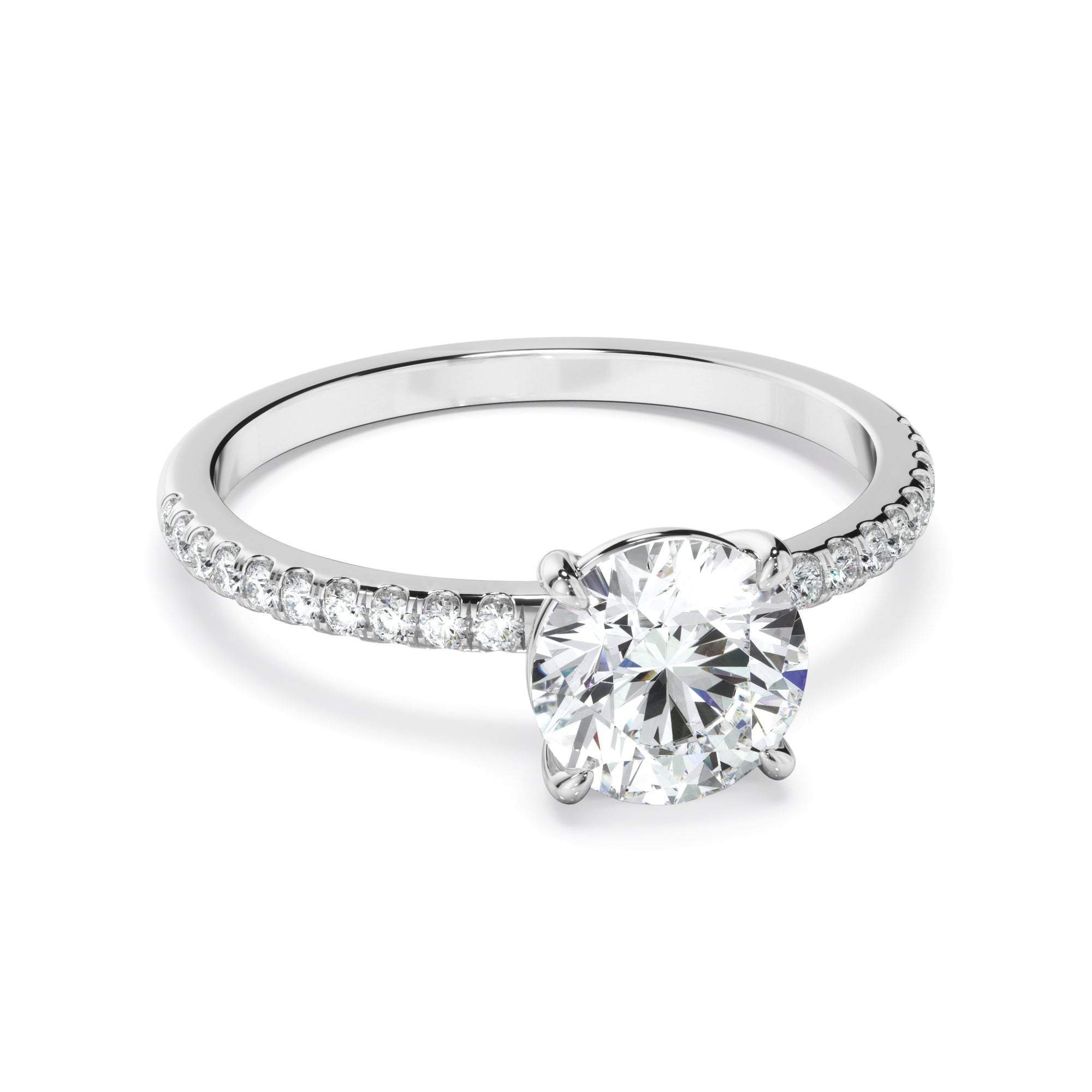 Evangeline - Round Brilliant Cut Diamond Solitaire Engagement Ring With Pave Band