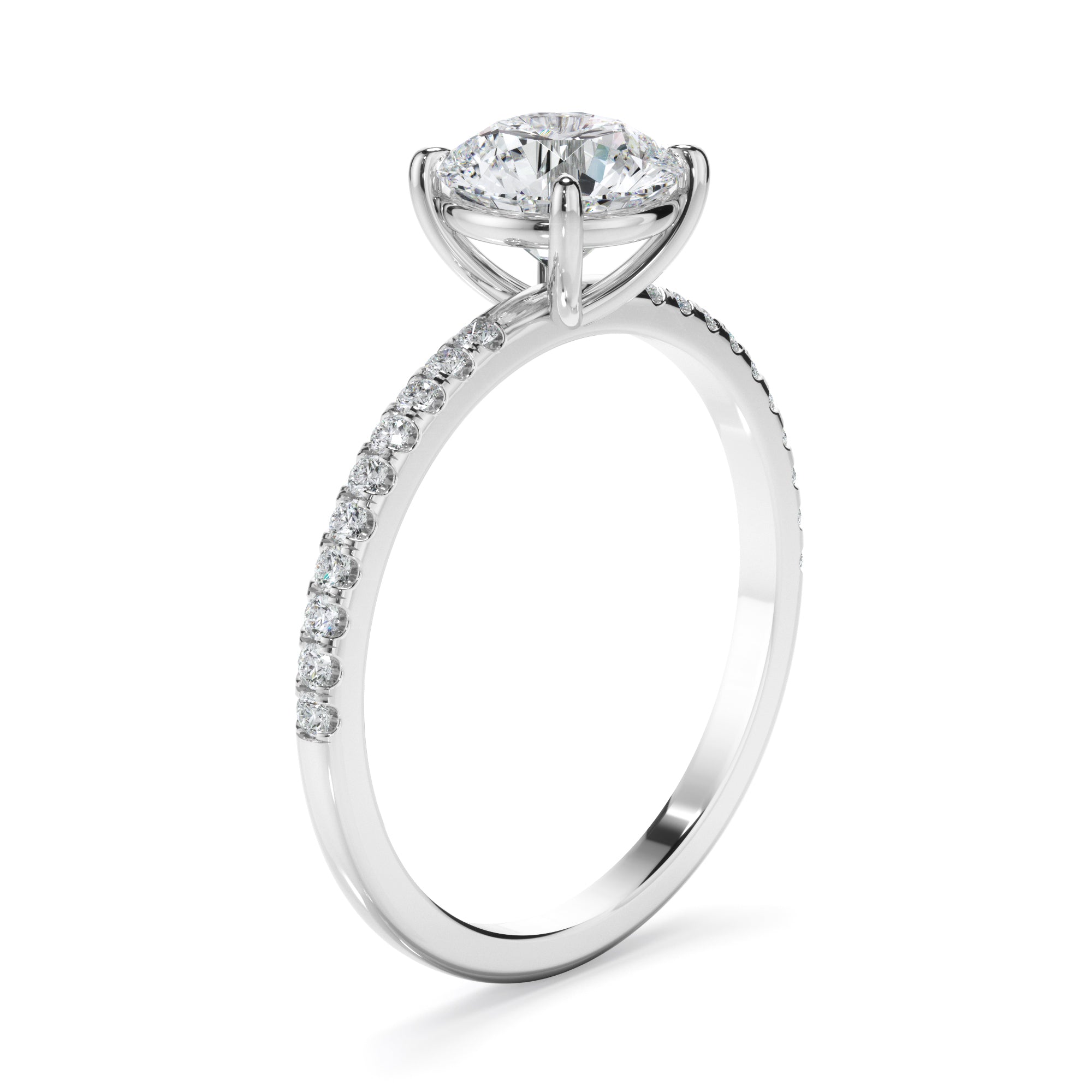 Evangeline - Round Brilliant Cut Diamond Solitaire Engagement Ring With Pave Band