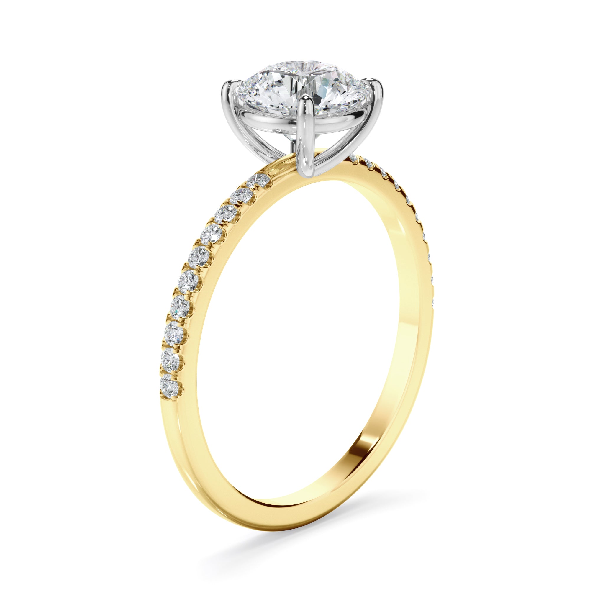 Evangeline - Round Brilliant Cut Diamond Solitaire Engagement Ring With Pave Band