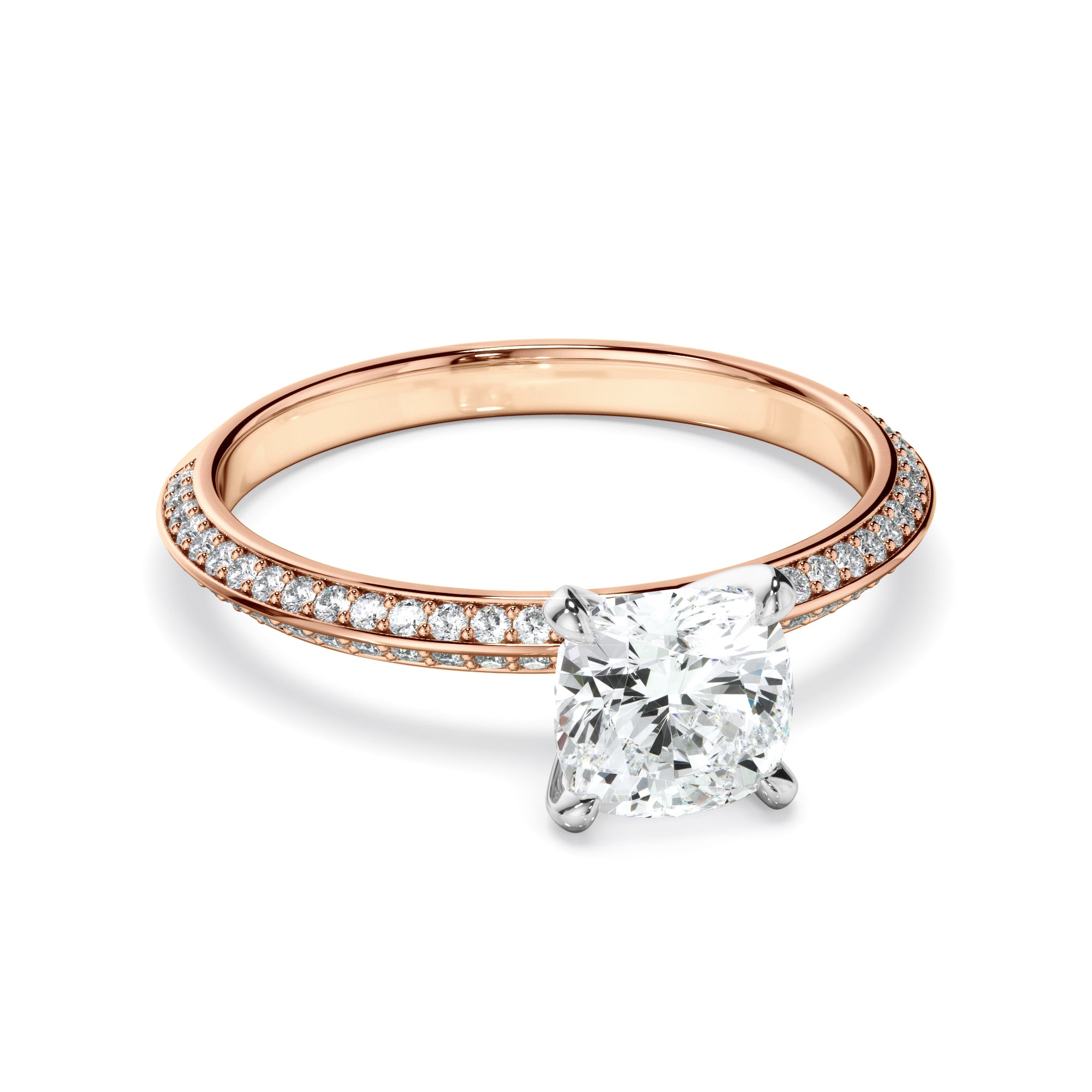 Serena - Cushion Cut Diamond Knife Edge Engagement Ring With Diamond Pave Sides