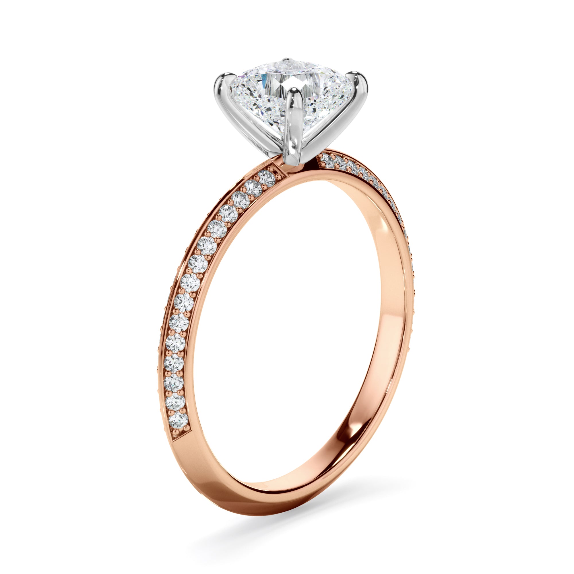Serena - Cushion Cut Diamond Knife Edge Engagement Ring With Diamond Pave Sides
