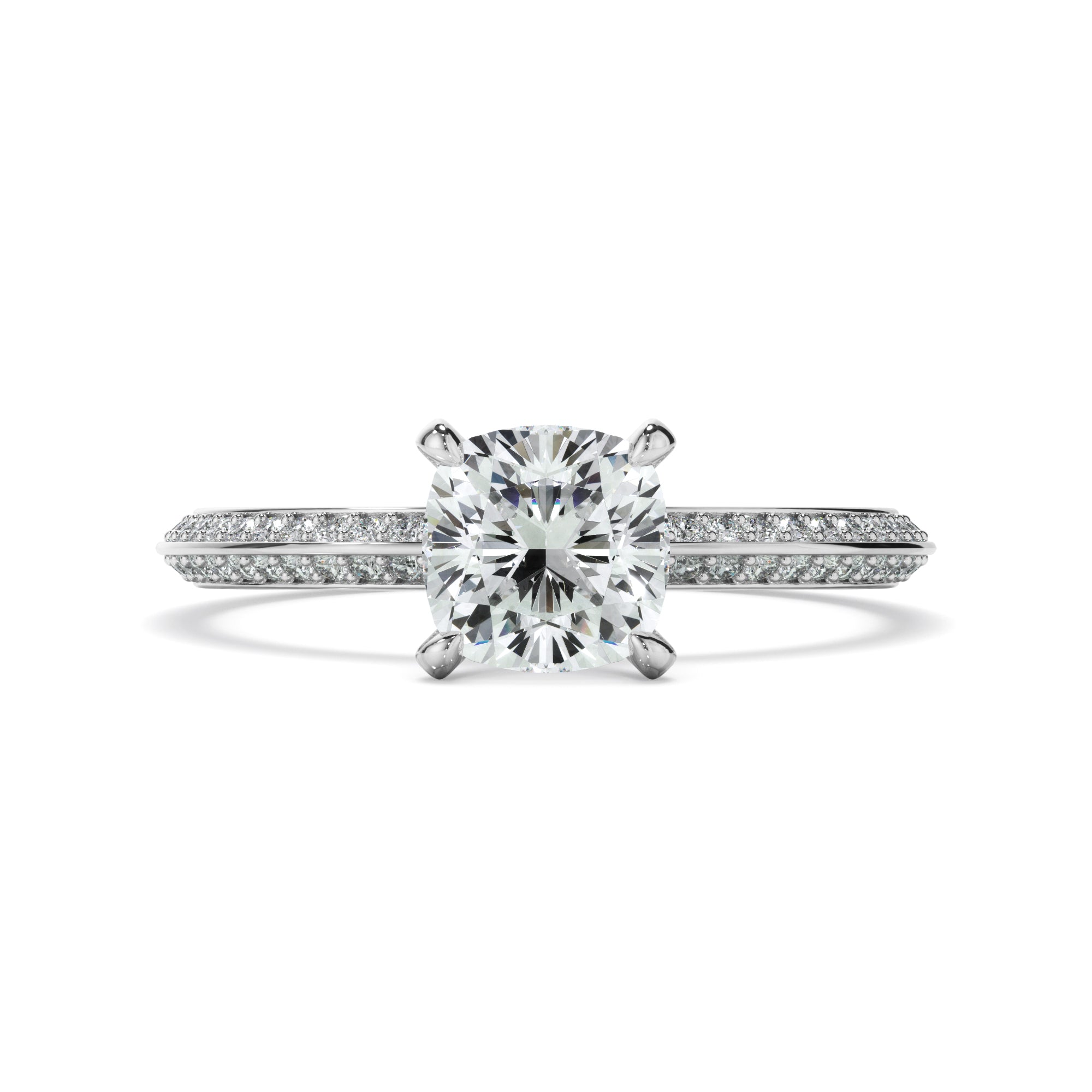 Serena - Cushion Cut Diamond Knife Edge Engagement Ring With Diamond Pave Sides