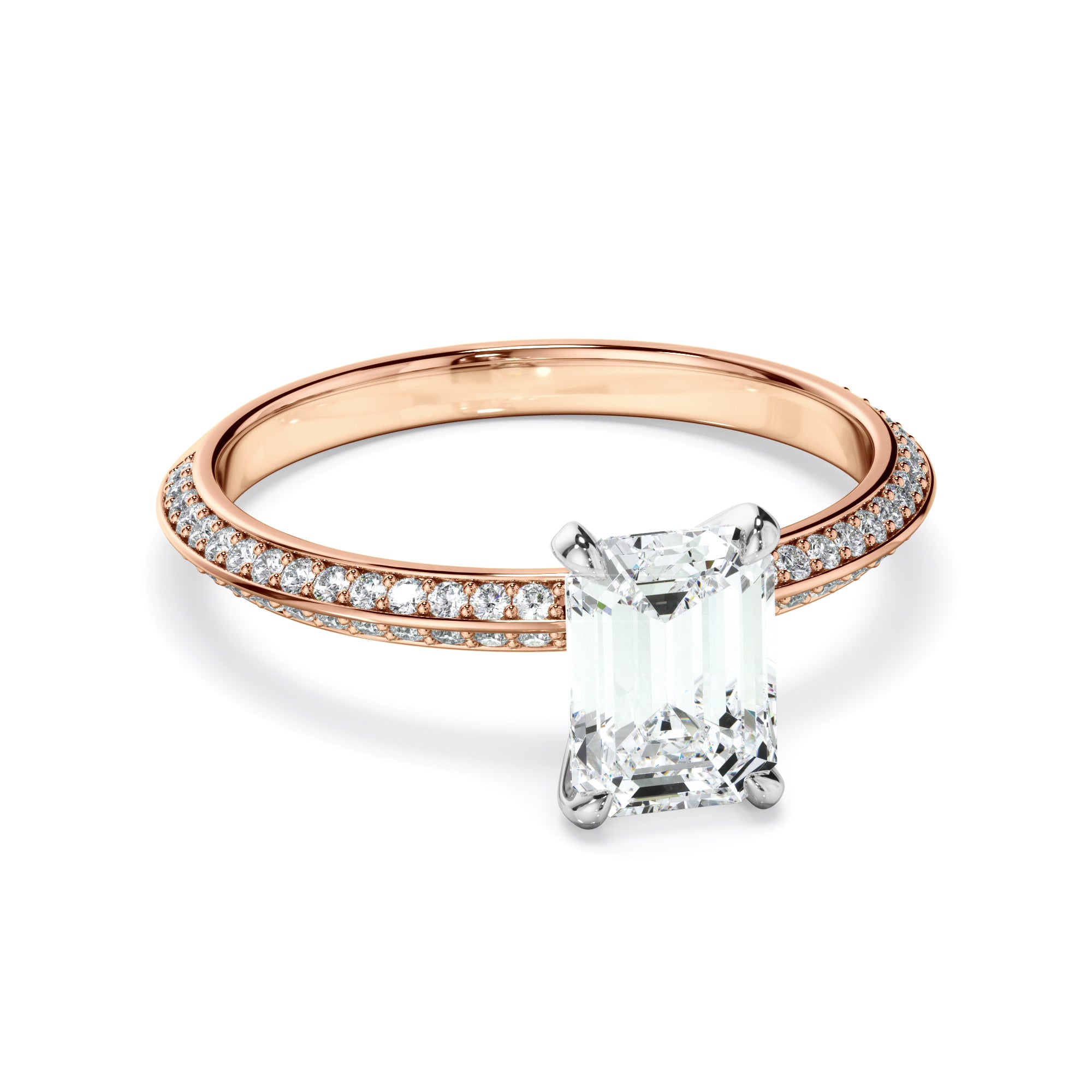 Astera - Emerald Cut Diamond Knife Edge Engagement Ring With Diamond Pave Sides