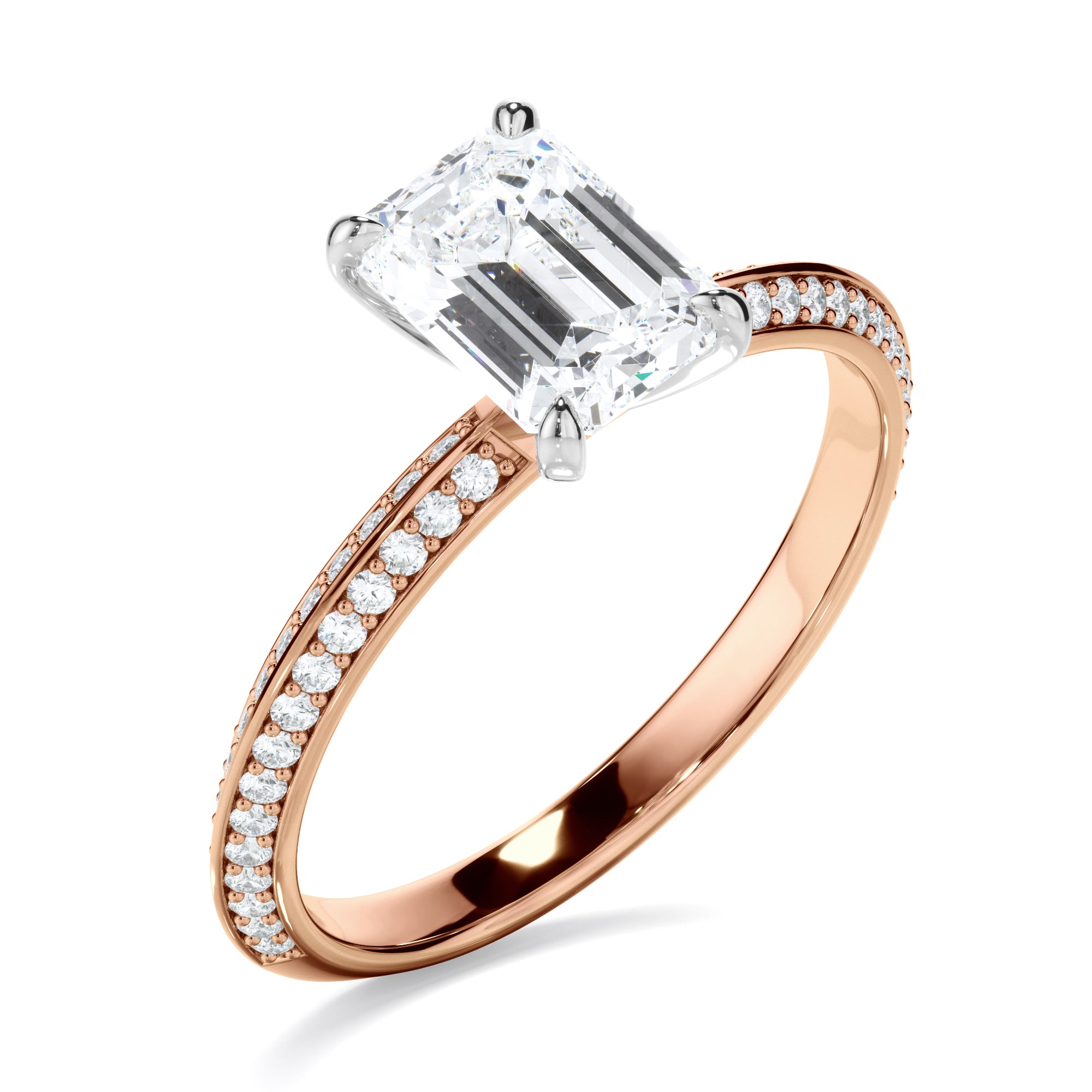 Astera - Emerald Cut Diamond Knife Edge Engagement Ring With Diamond Pave Sides