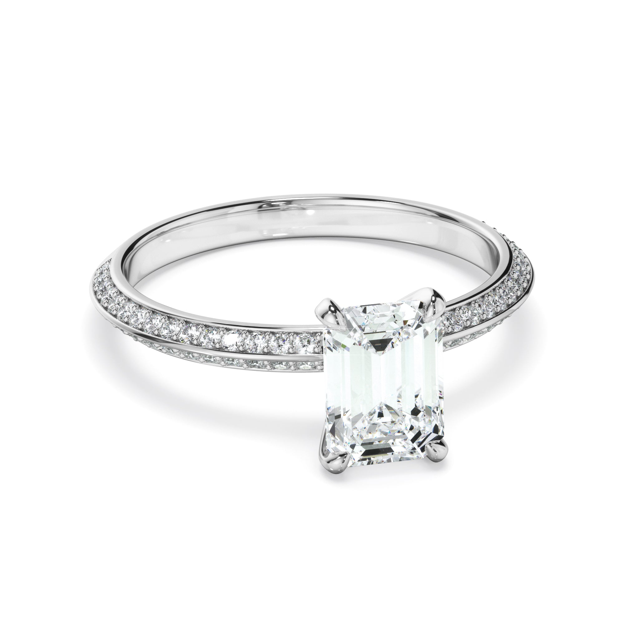 Astera - Emerald Cut Diamond Knife Edge Engagement Ring With Diamond Pave Sides