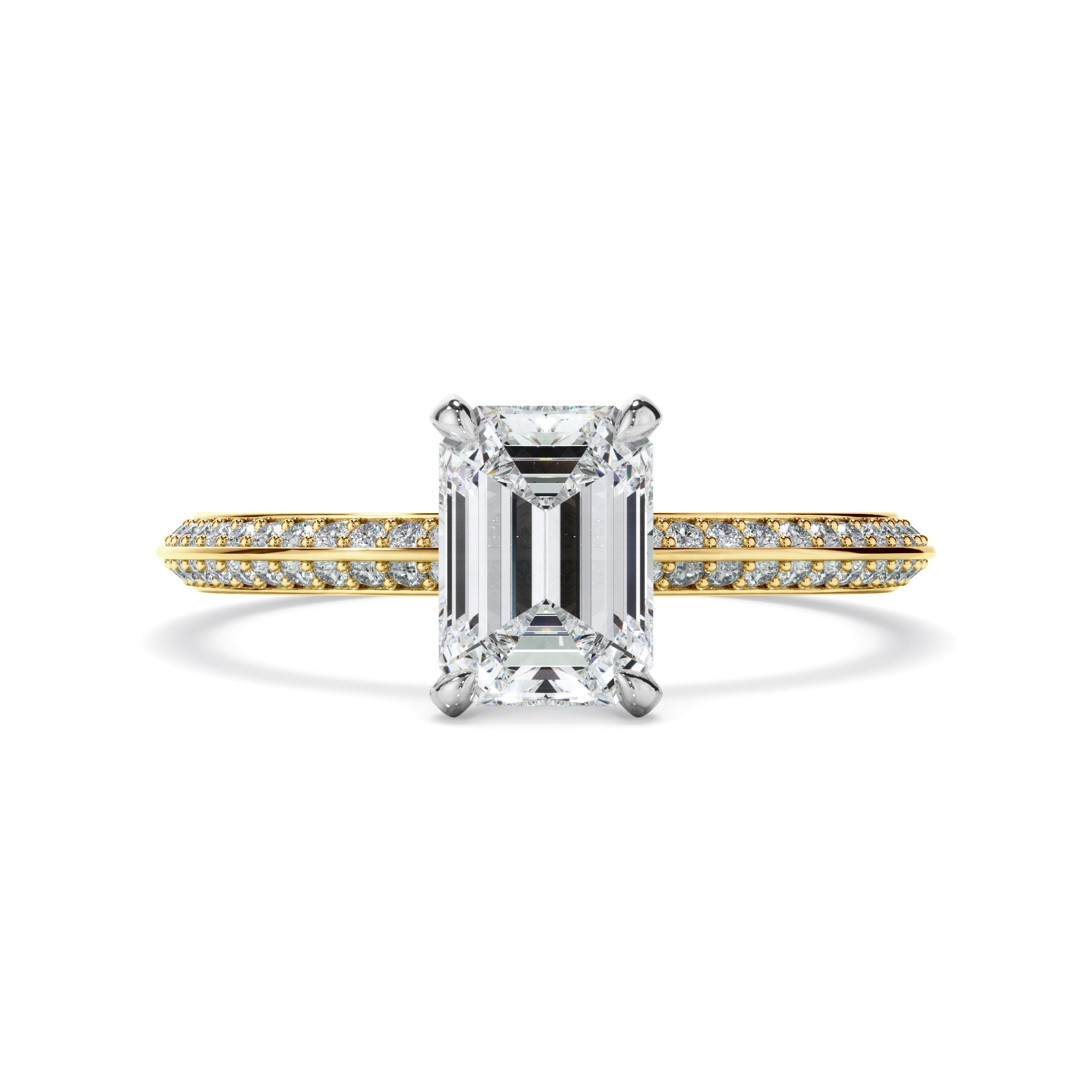 Astera - Emerald Cut Diamond Knife Edge Engagement Ring With Diamond Pave Sides