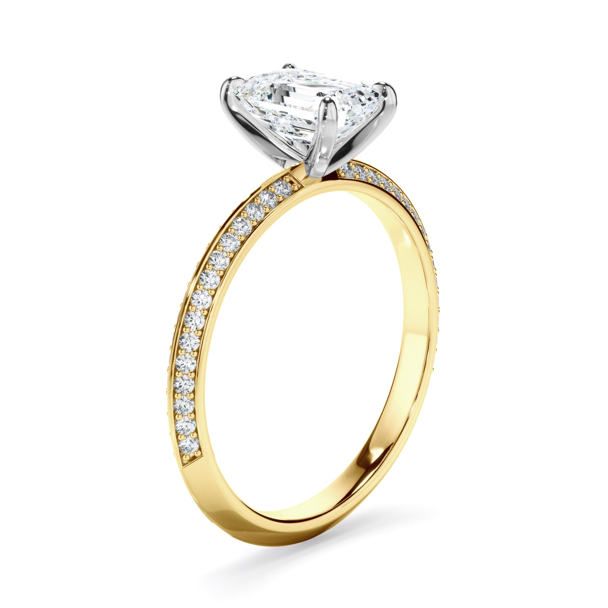 Astera - Emerald Cut Diamond Knife Edge Engagement Ring With Diamond Pave Sides