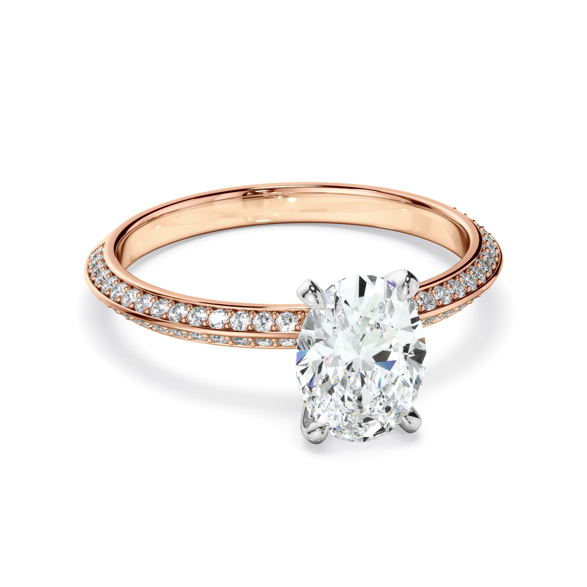 Astrid - Oval Cut Diamond Knife Edge Engagement Ring With Diamond Pave Sides