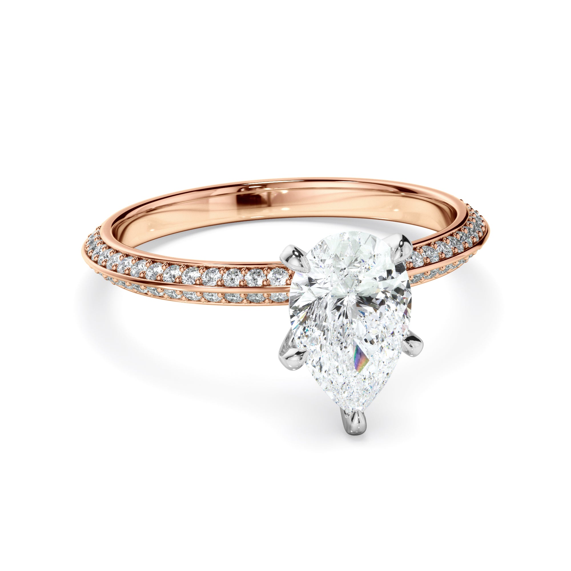 Marcella - Pear Cut Diamond Knife Edge Engagement Ring With Diamond Pave Sides