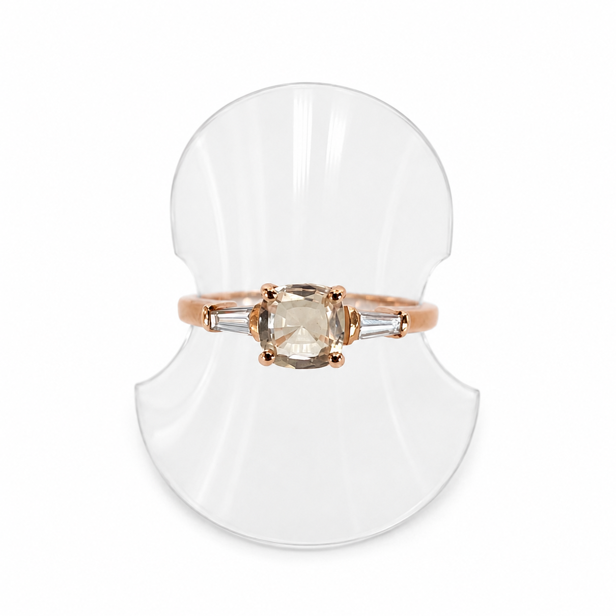 9ct Rose Gold Cushion Cut Morganite Tapered Diamond Baguette Side Stones (Size O)