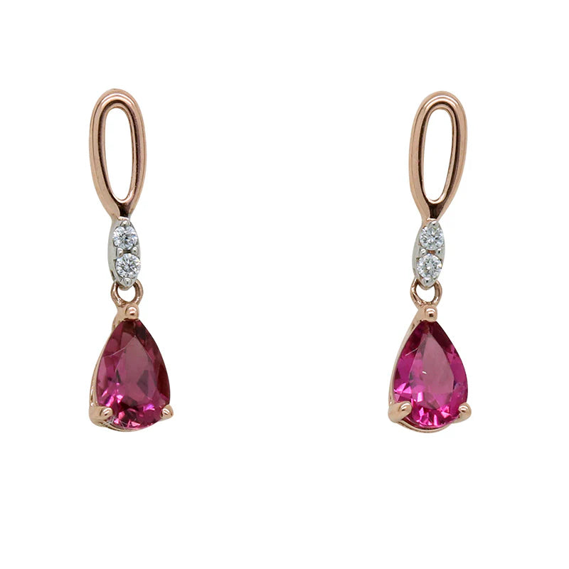 Persephone 9ct Rose Gold Pink Tourmaline Pear Dangle Diamond Earrings