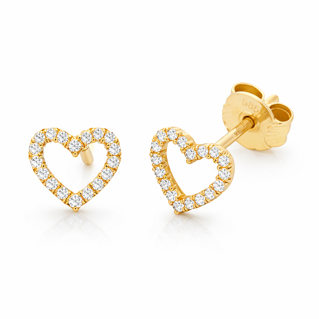 9ct Yellow Gold Cubic Zirconia Outline Heart Stud Earrings