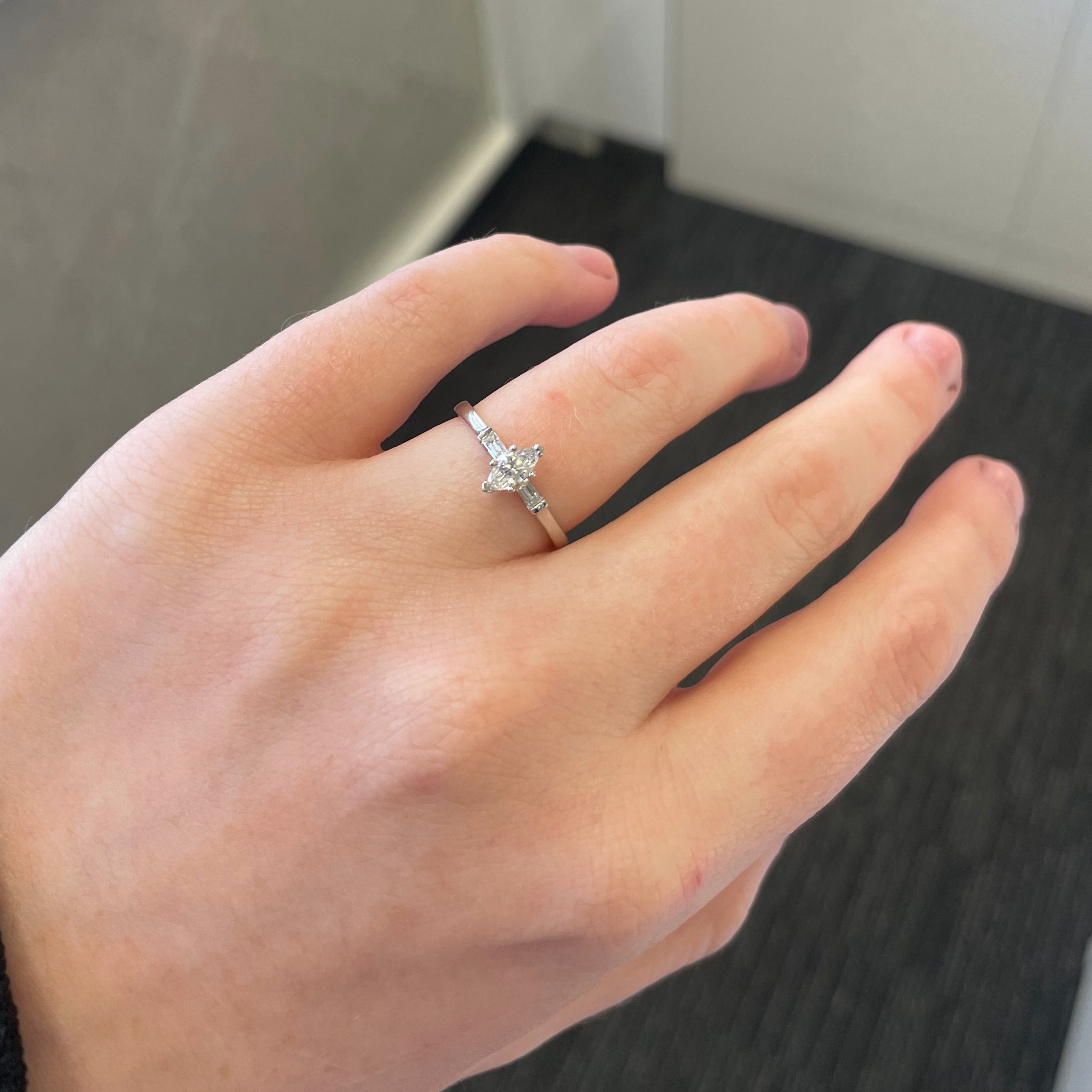Ingrid Platinum Marquise Diamond Engagement Ring with Baguette Diamonds side stones (Size M)