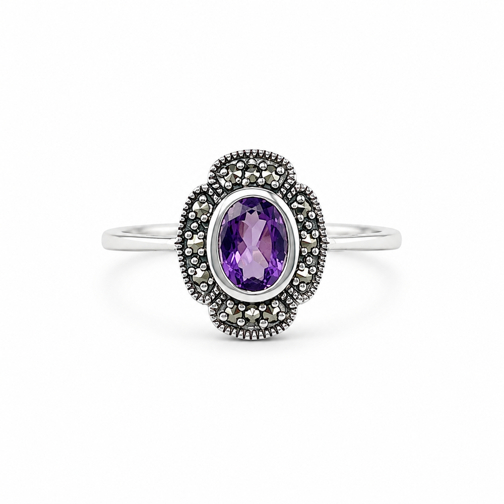 Zorah Sterling Silver Amethyst Marcasite Ring (Size N)