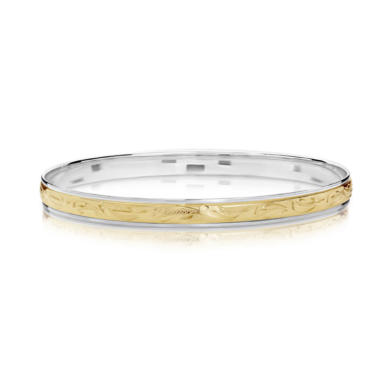 Two Tone 9ct Gold & Sterling Silver Floral Bangle