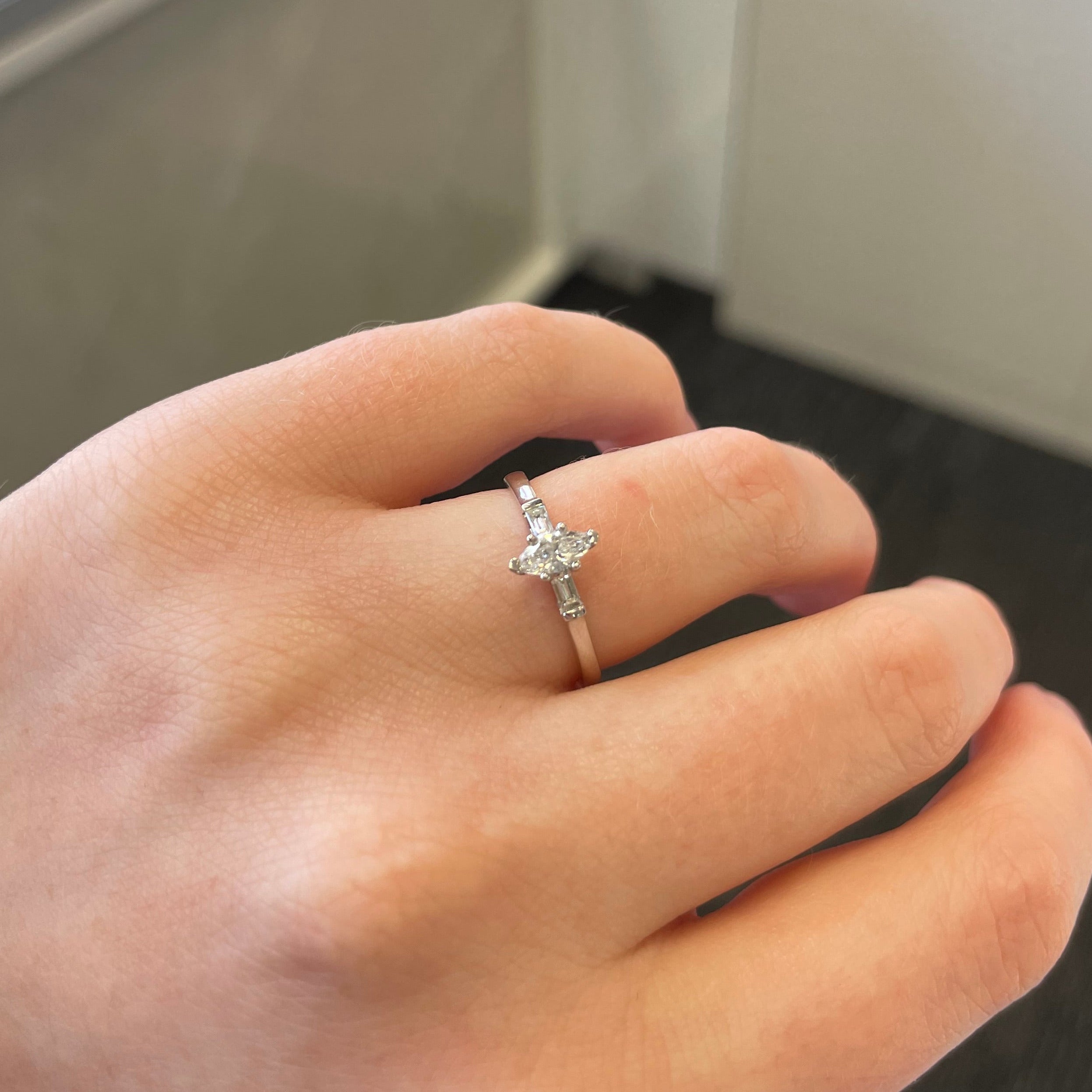 Ingrid Platinum Marquise Diamond Engagement Ring with Baguette Diamonds side stones (Size M)