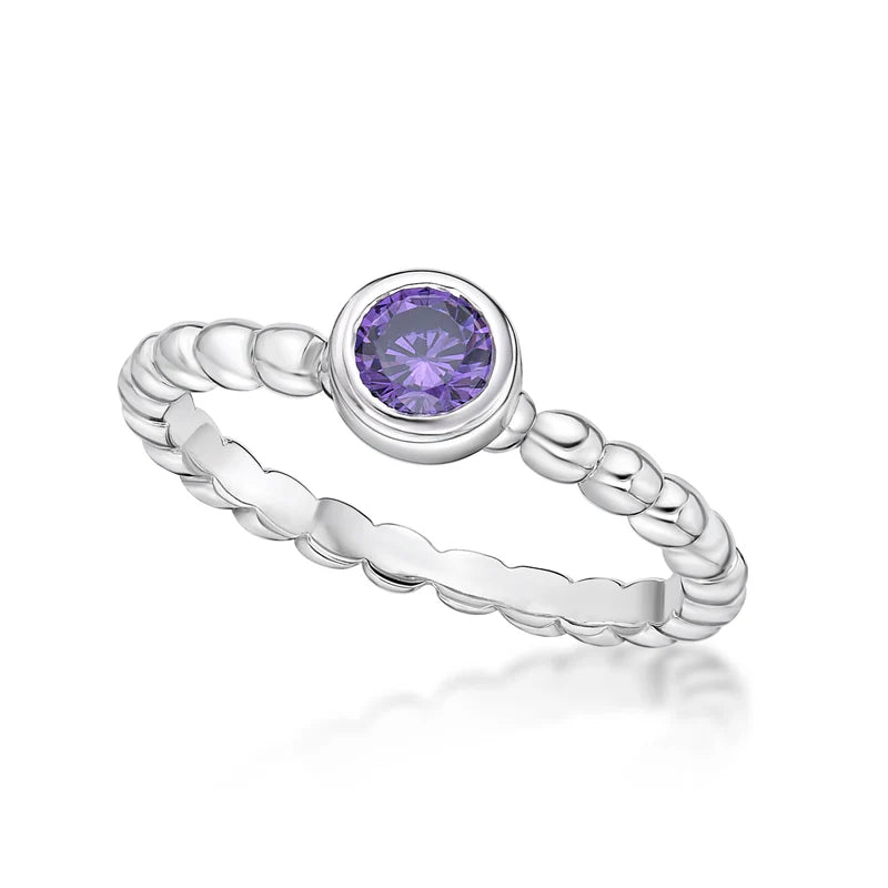 Bezel Set Feburary Birthstone Bubble Band Sterling Silver Ring