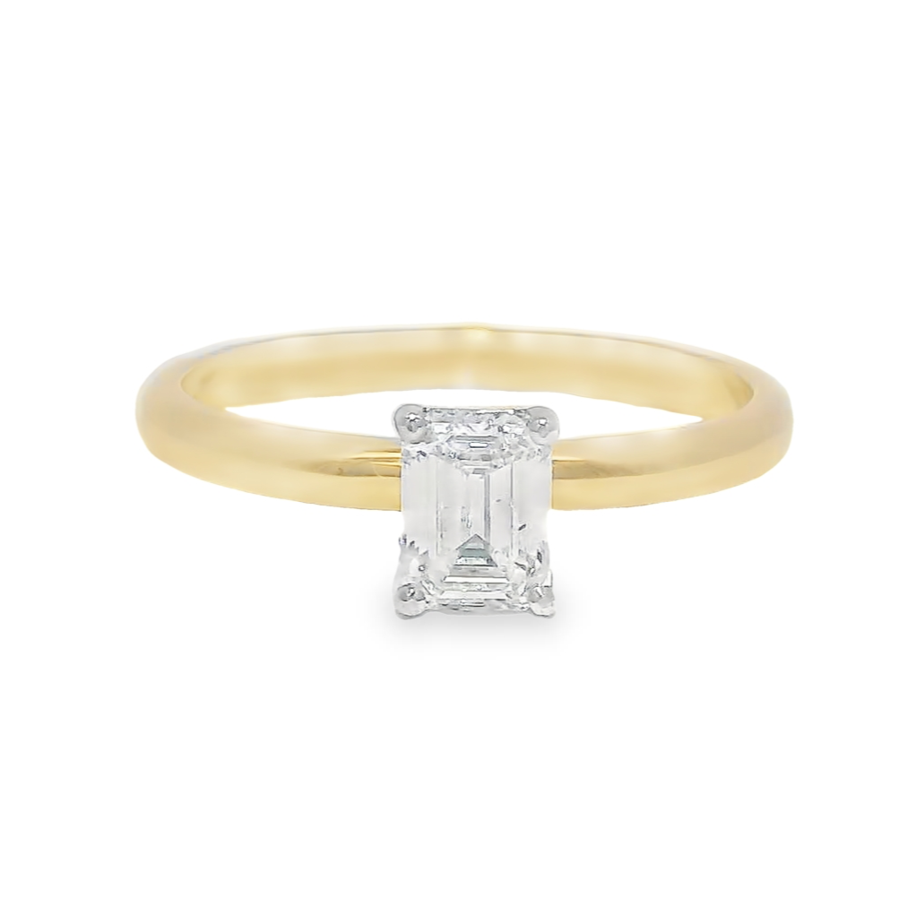 Emerald cut diamond gold solitaire engagement ring  