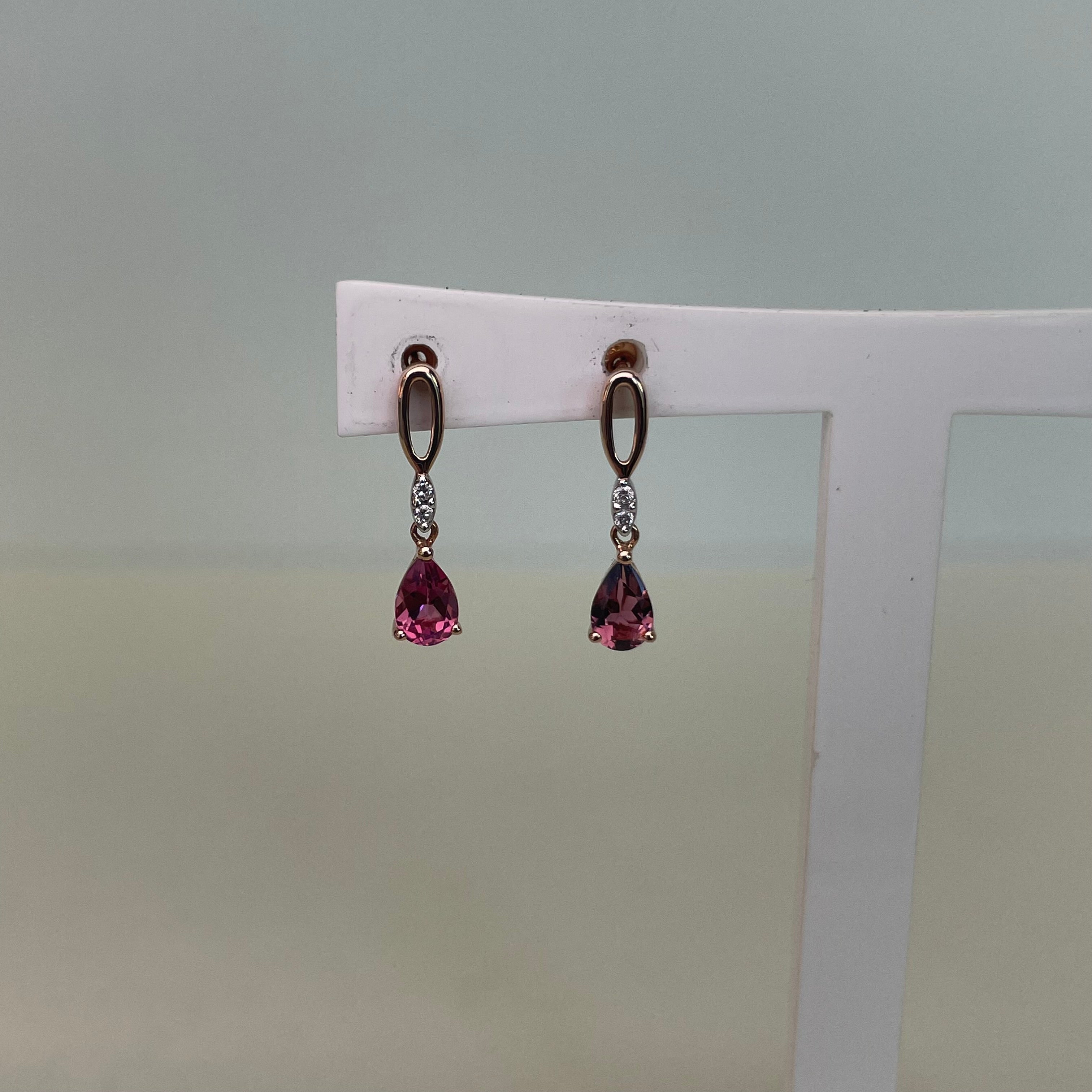 Persephone 9ct Rose Gold Pink Tourmaline Pear Dangle Diamond Earrings