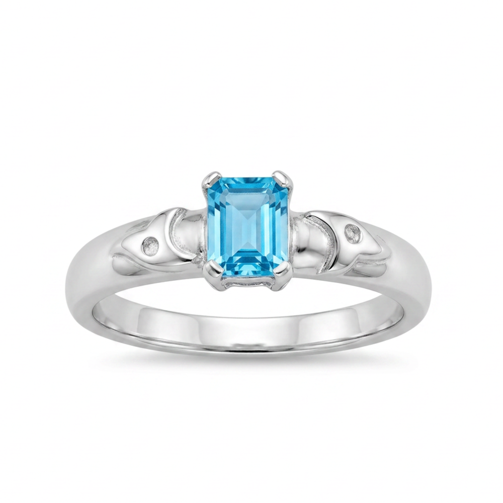 Celine 9ct White Gold Emerald Cut Blue Topaz Diamond Ring (Size M)