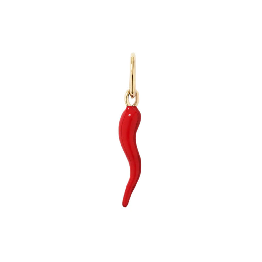 Red chili pepper-shaped pendant on a gold chain against a white background