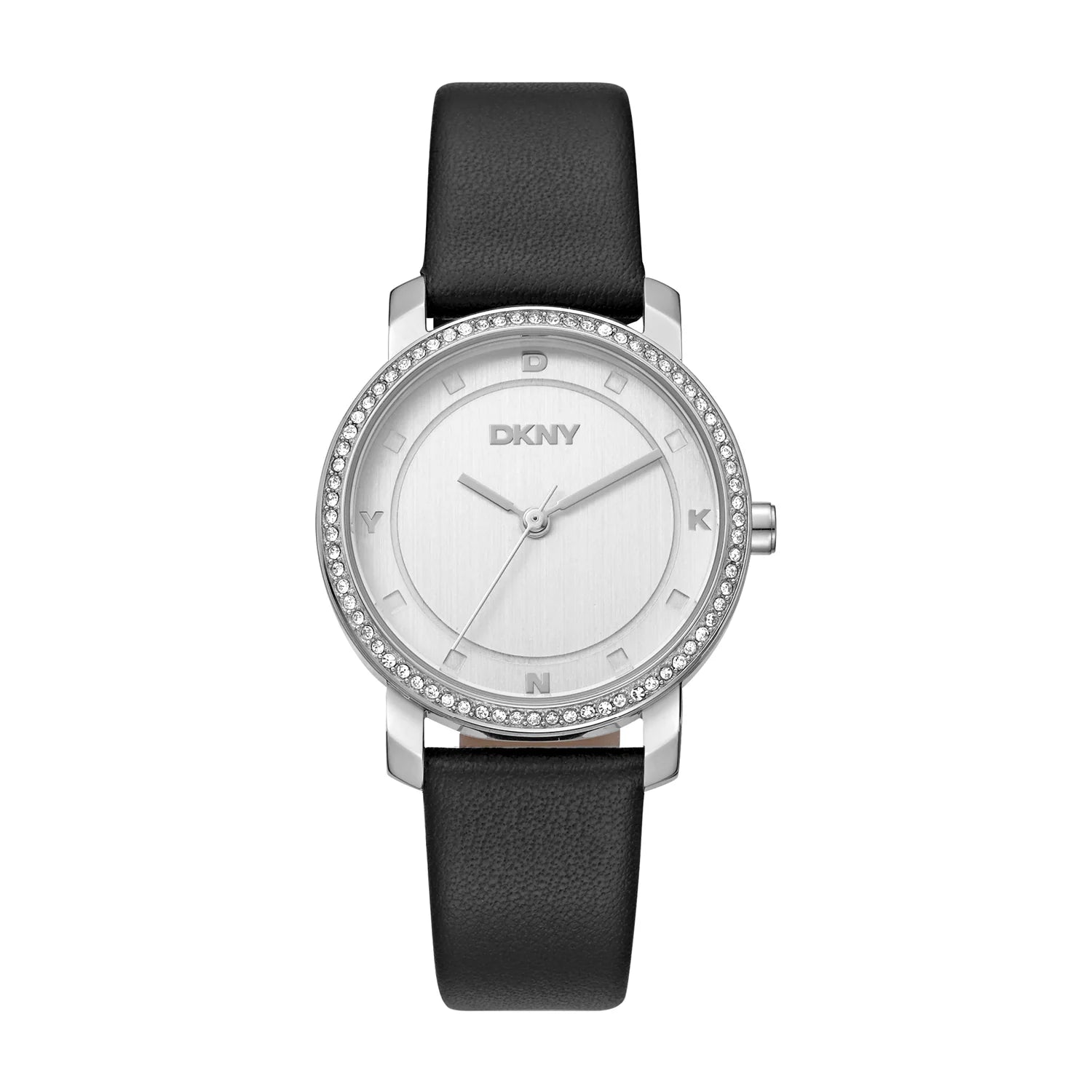 DKNY Astoria Glitz Silver Dial Black Leather Strap Ladies Watch