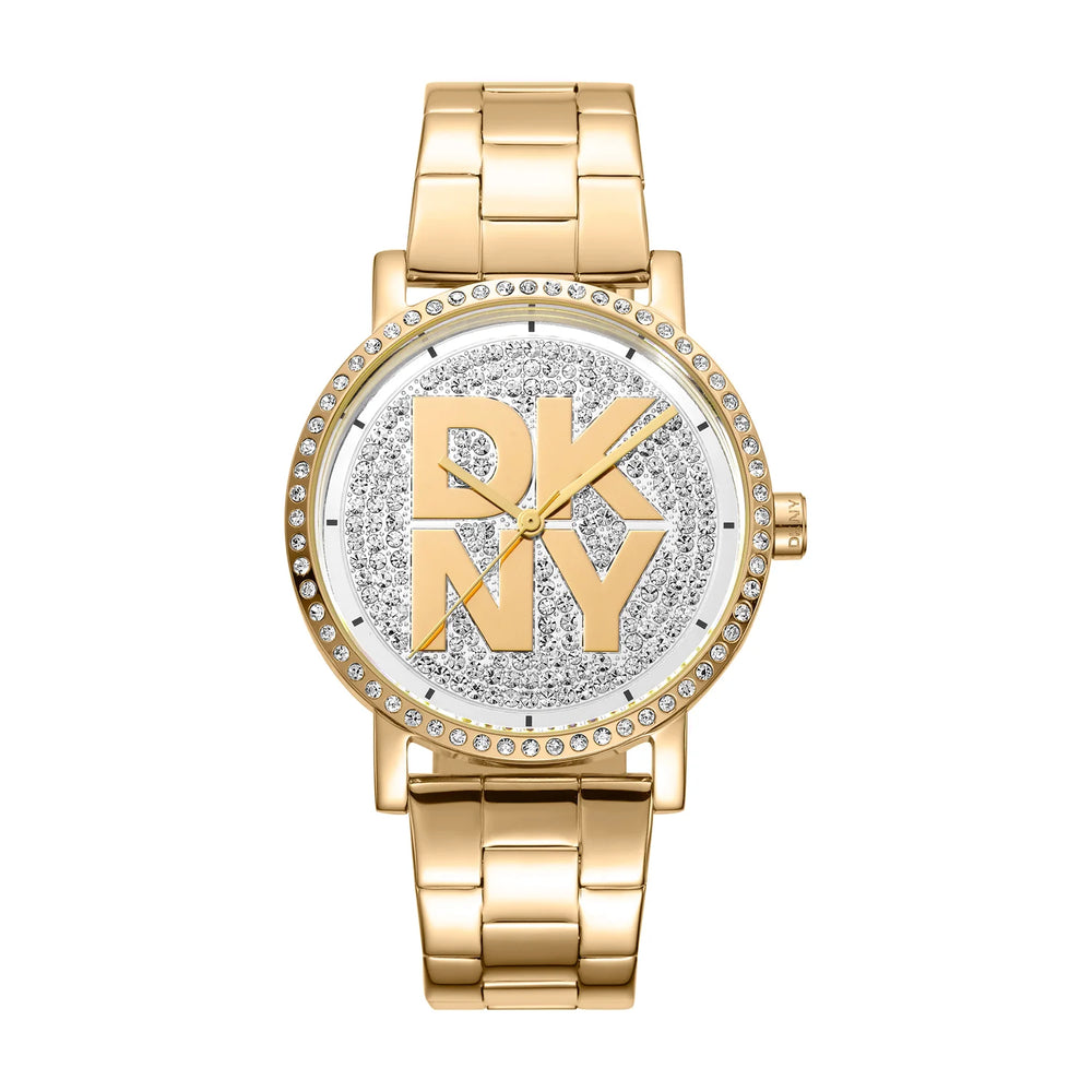 DKNY Soho Logo Sparkly Silver Dial Gold Stainless Steel Ladies Watch
