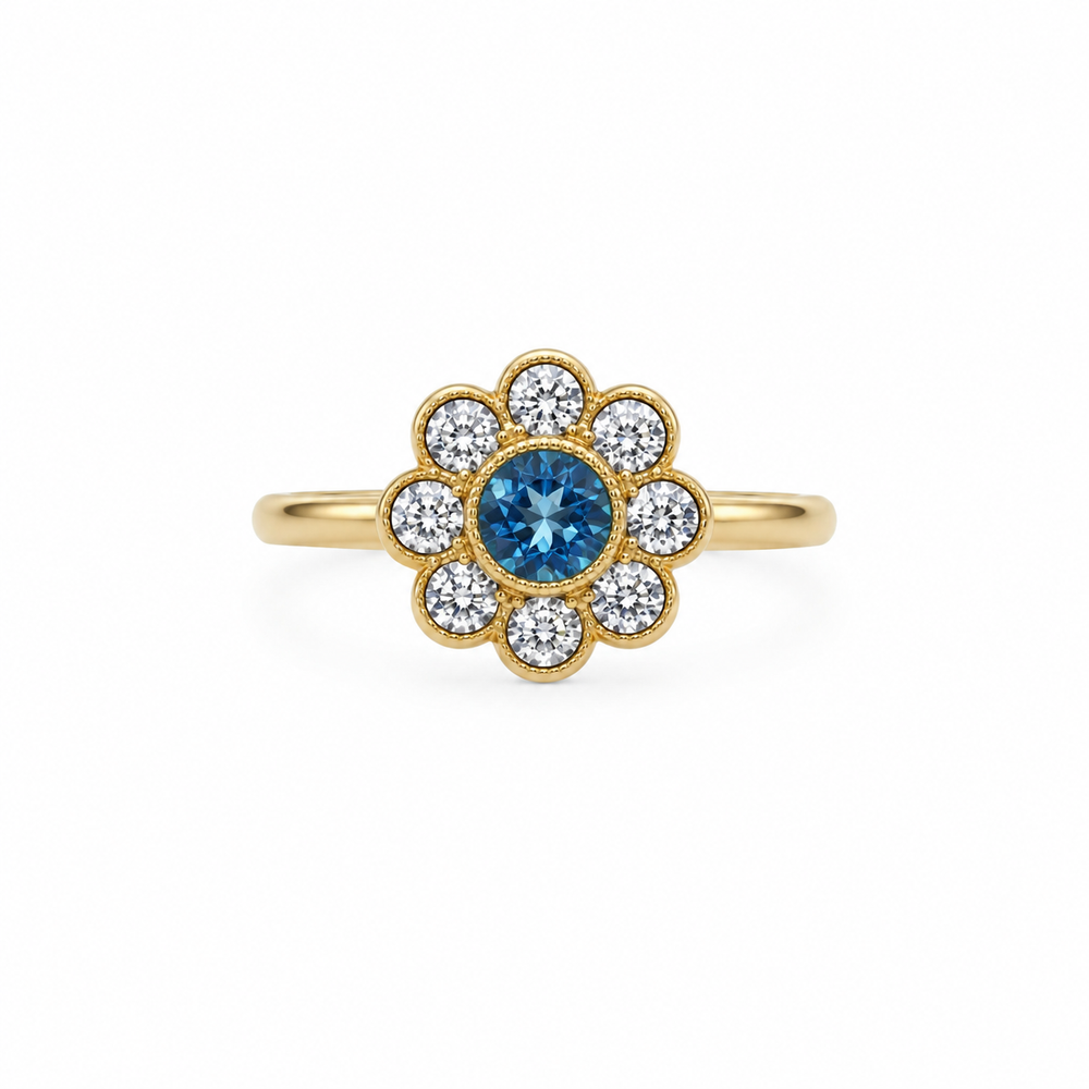 Daisy 9ct Gold Blue Topaz & Diamond Flower Ring (Size M)