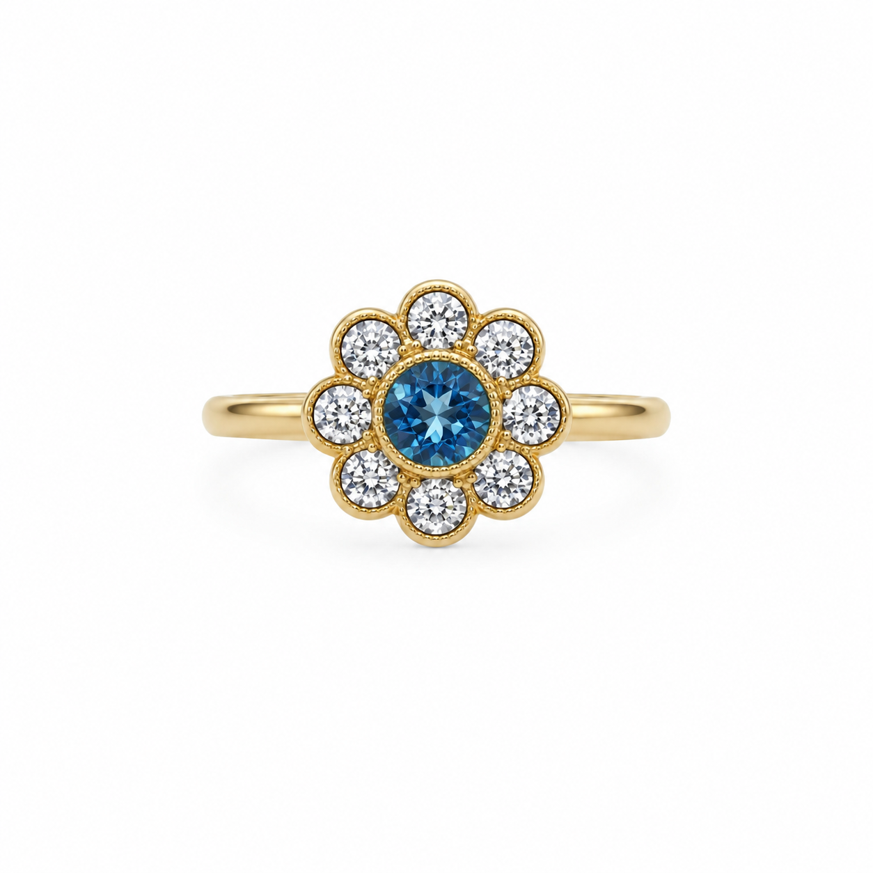 Daisy 9ct Gold Blue Topaz & Diamond Flower Ring (Size M)