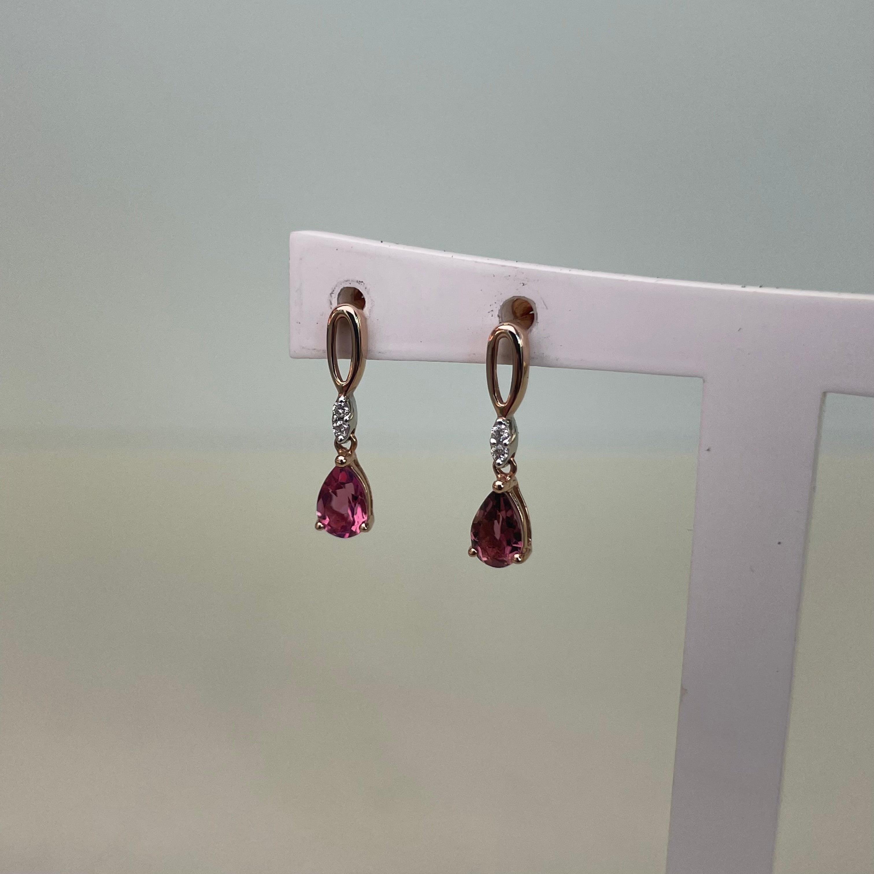 Persephone 9ct Rose Gold Pink Tourmaline Pear Dangle Diamond Earrings