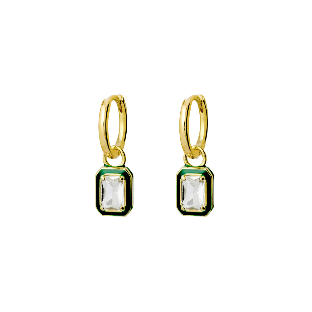 Gold hoop earrings with rectangular gemstones on a white background