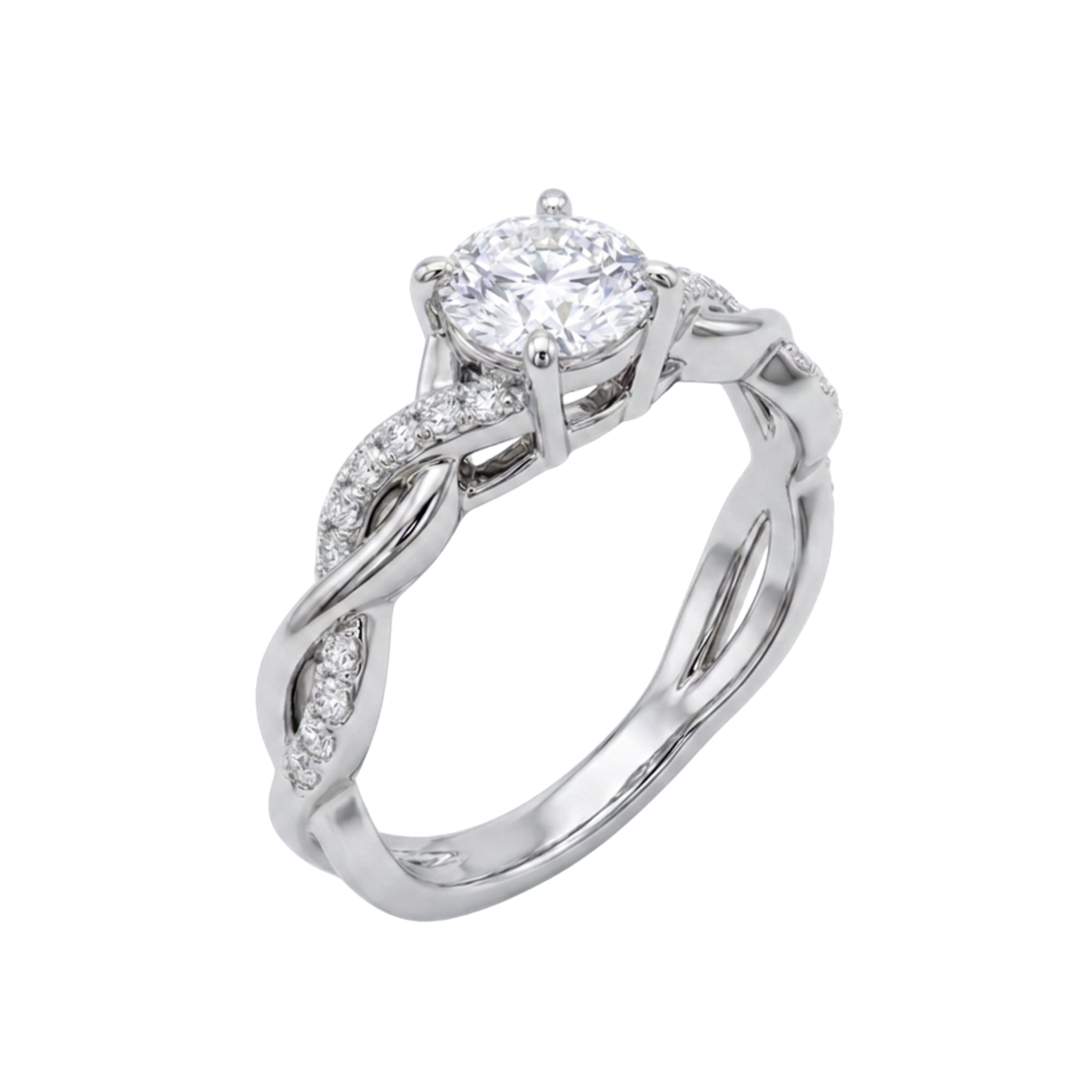 Ella Platinum Round Diamond Engagement Ring with Twist Diamond Shoulders (Size J 1/2)