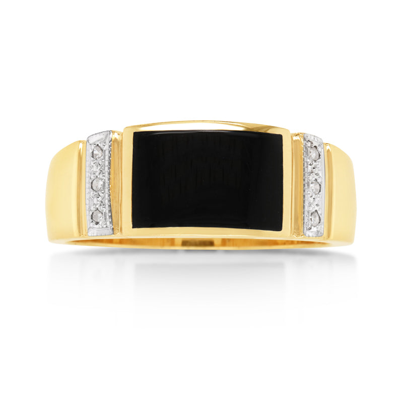 Javier Diamond & Black Onyx 9ct Yellow Gold Signet Ring