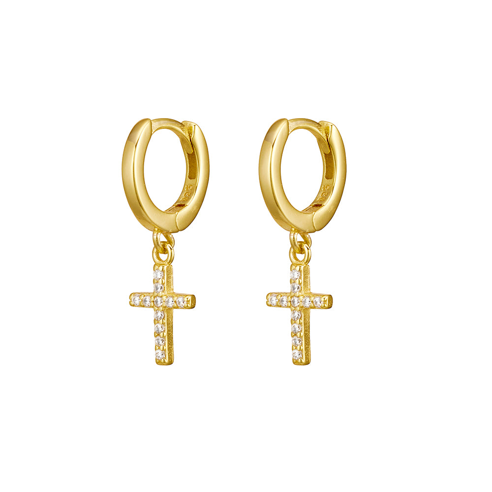 Grace Cross Dangle Huggie Earrings