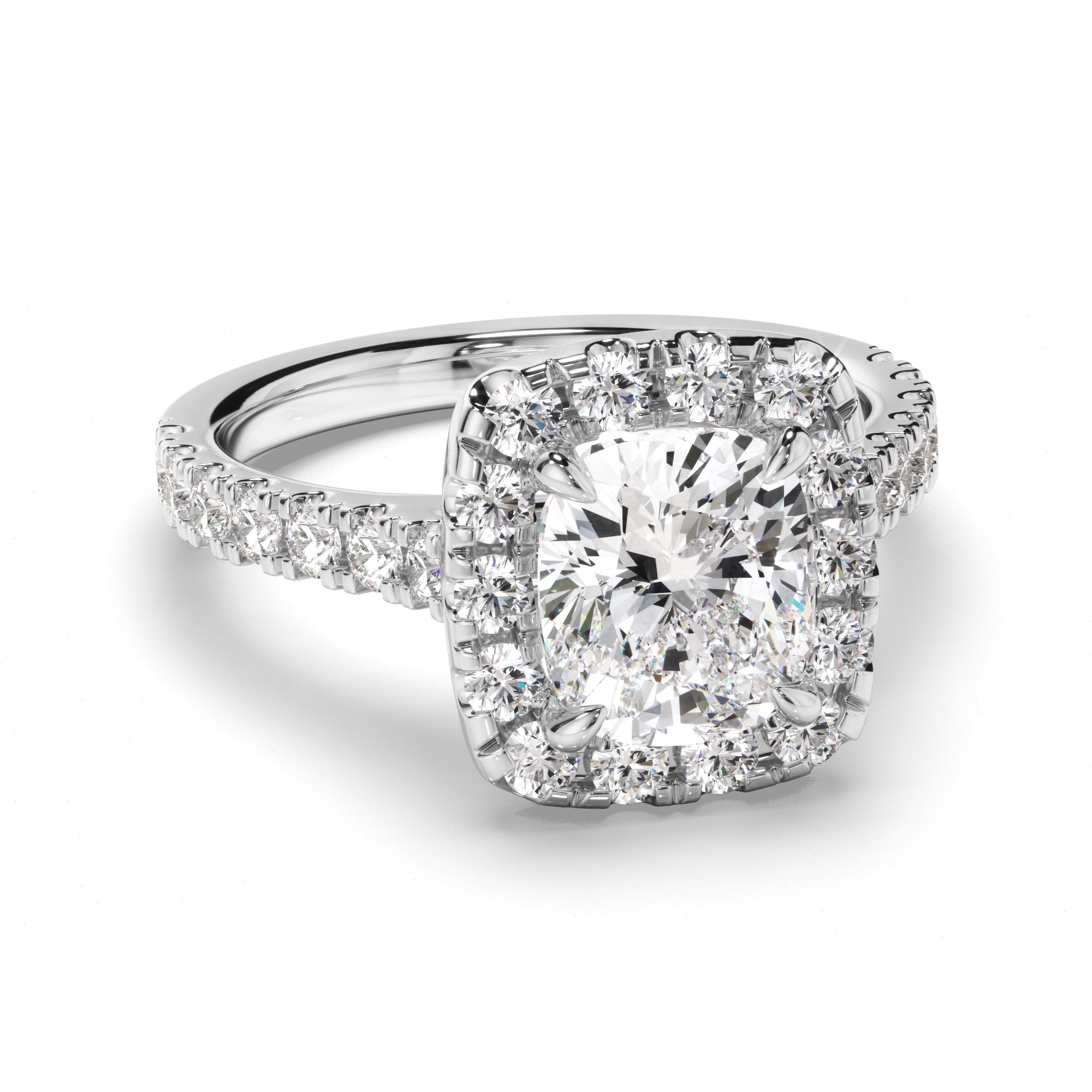 Amelie - Cushion Cut Diamond Halo Engagement Ring with Diamond Sides
