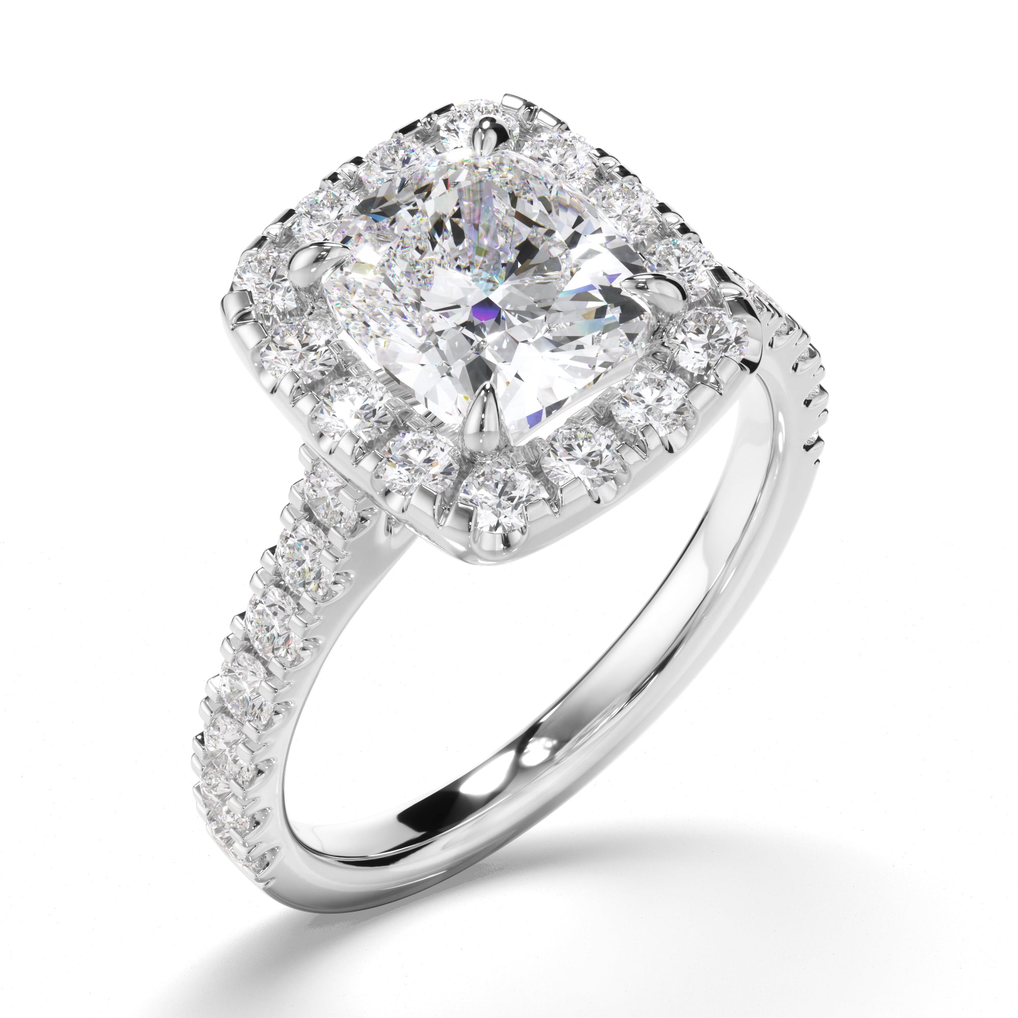 Amelie - Cushion Cut Diamond Halo Engagement Ring with Diamond Sides