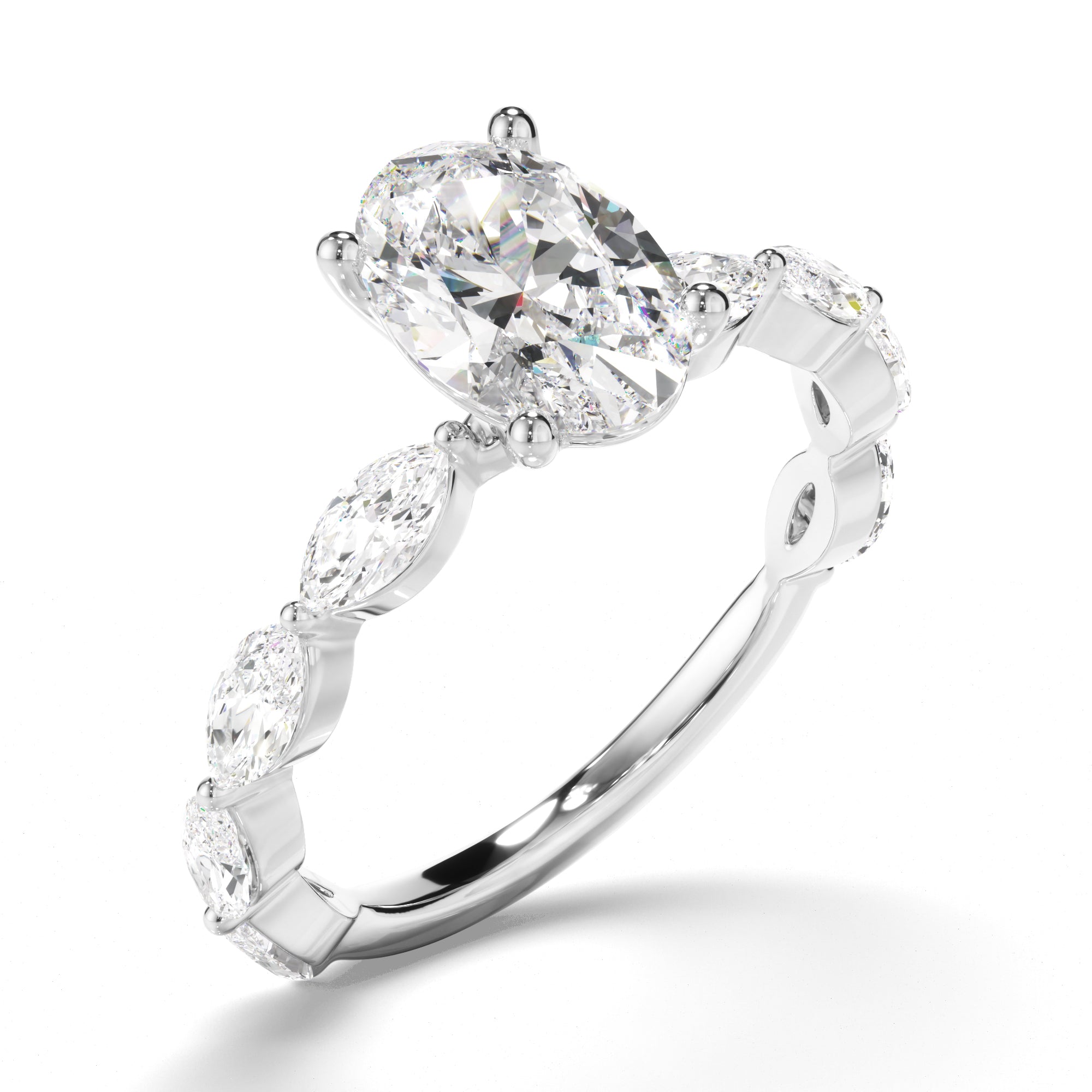 Francesca - Oval Cut Diamond Engagement Ring with Marquise Sides